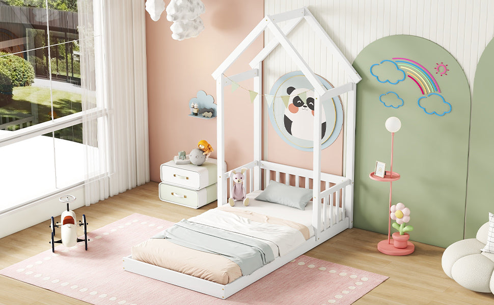 White Twin House-Shaped Roof Headboard Toddler Floor Bed