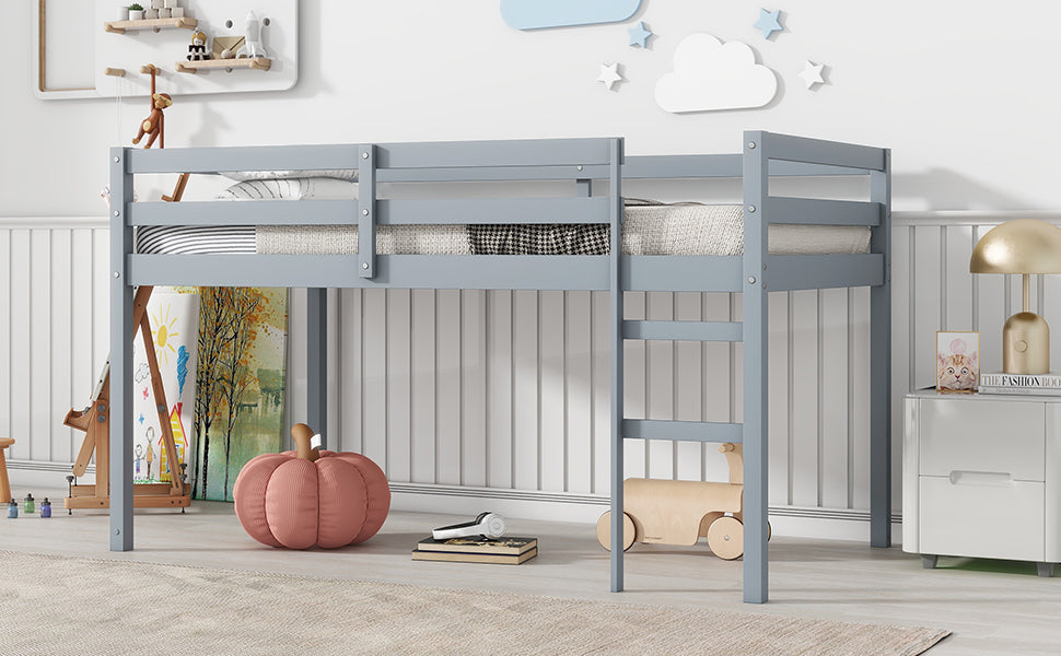 Gray Twin Loft Bed with Ladder in Rubber Wood