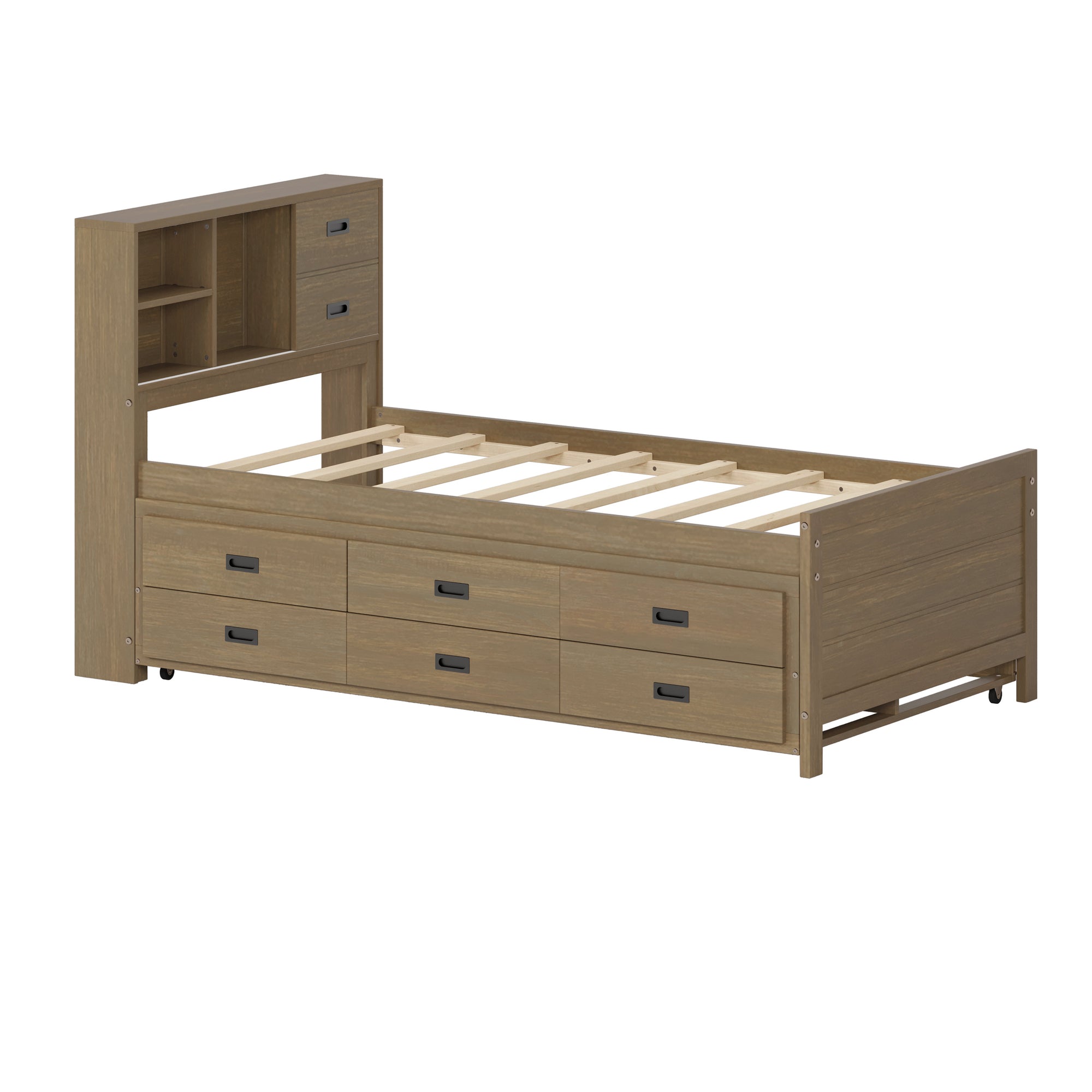 Full Size Walnut Solid Wood Bed Frame with Trundle and Storage Drawers