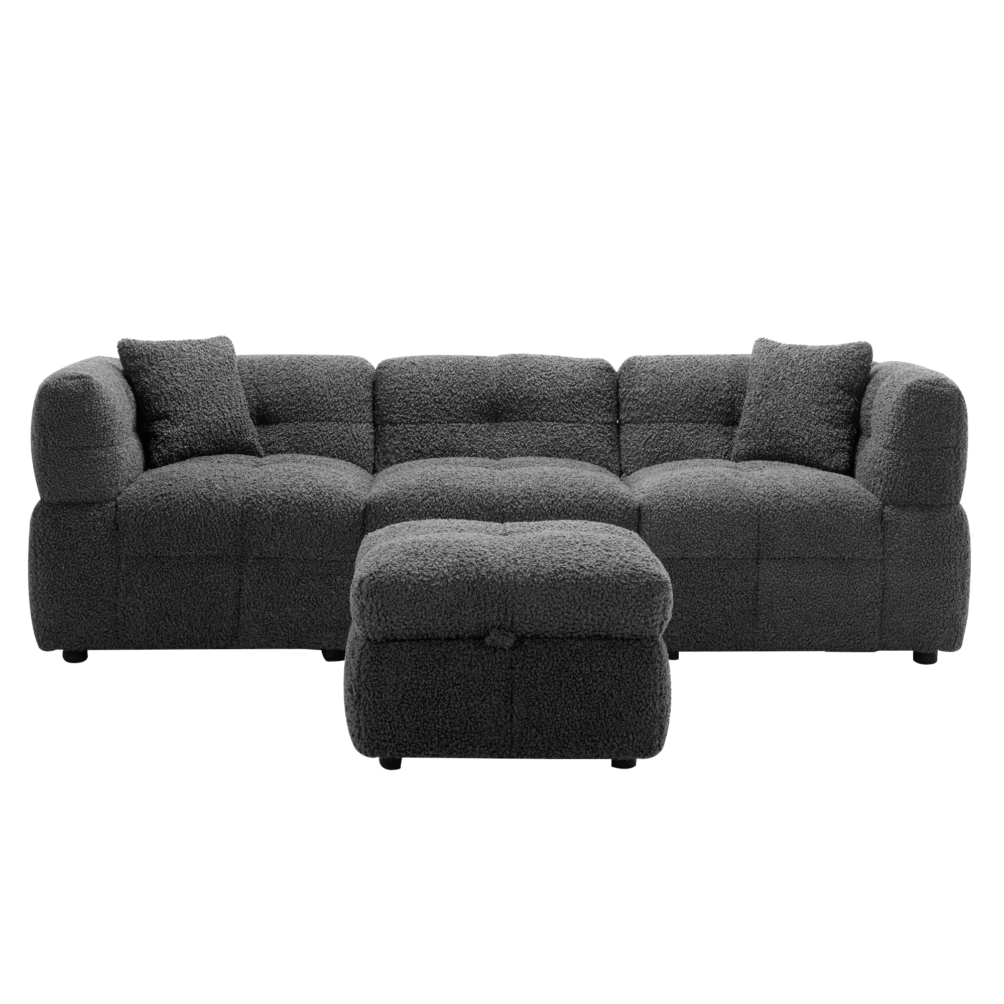 Gray Teddy Fleece Sectional Sofa with Multi-Functional Storage Ottoman