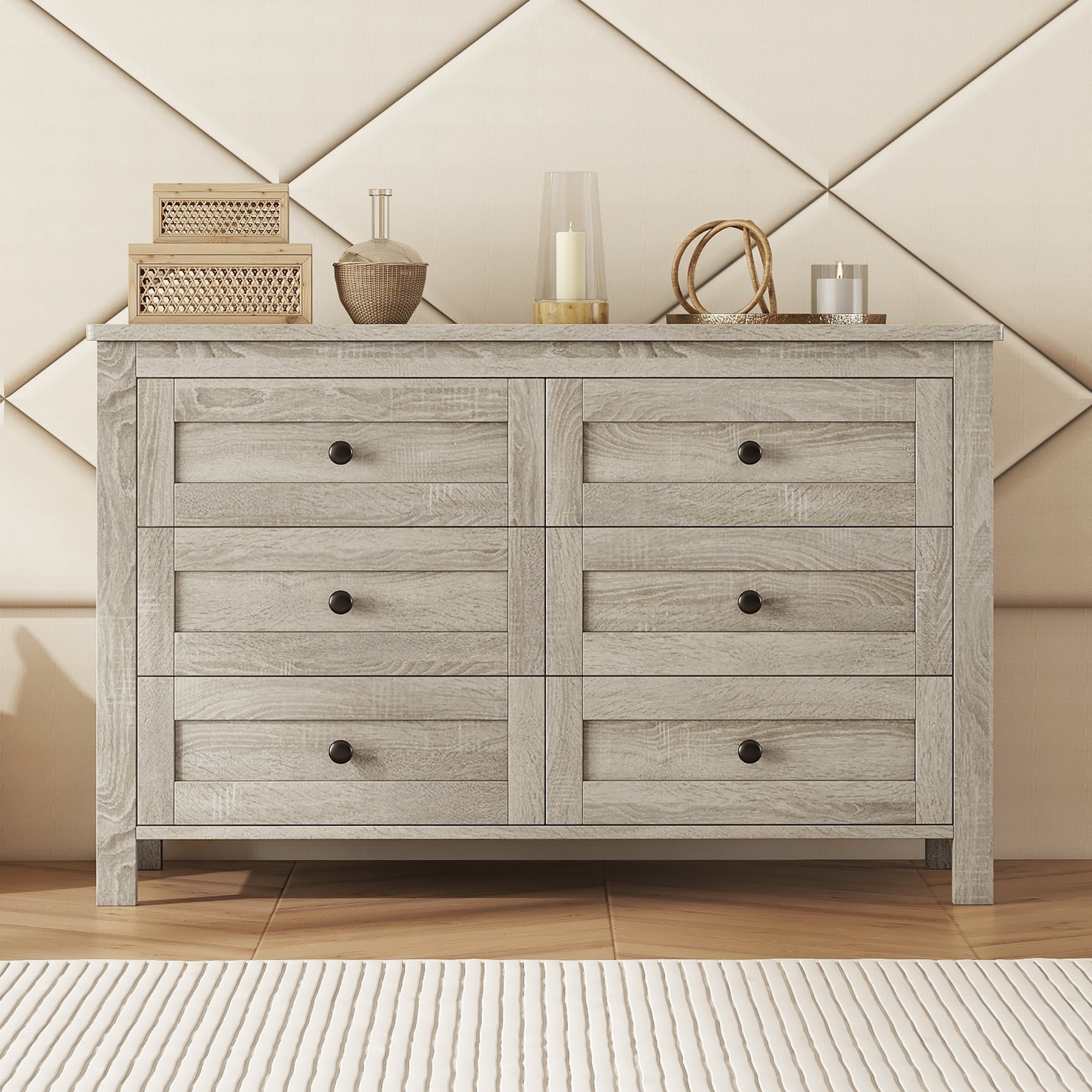 Retro Farmhouse Style Wooden Dresser with 6 Drawers Storage Cabinet for Bedroom In Antique Gray