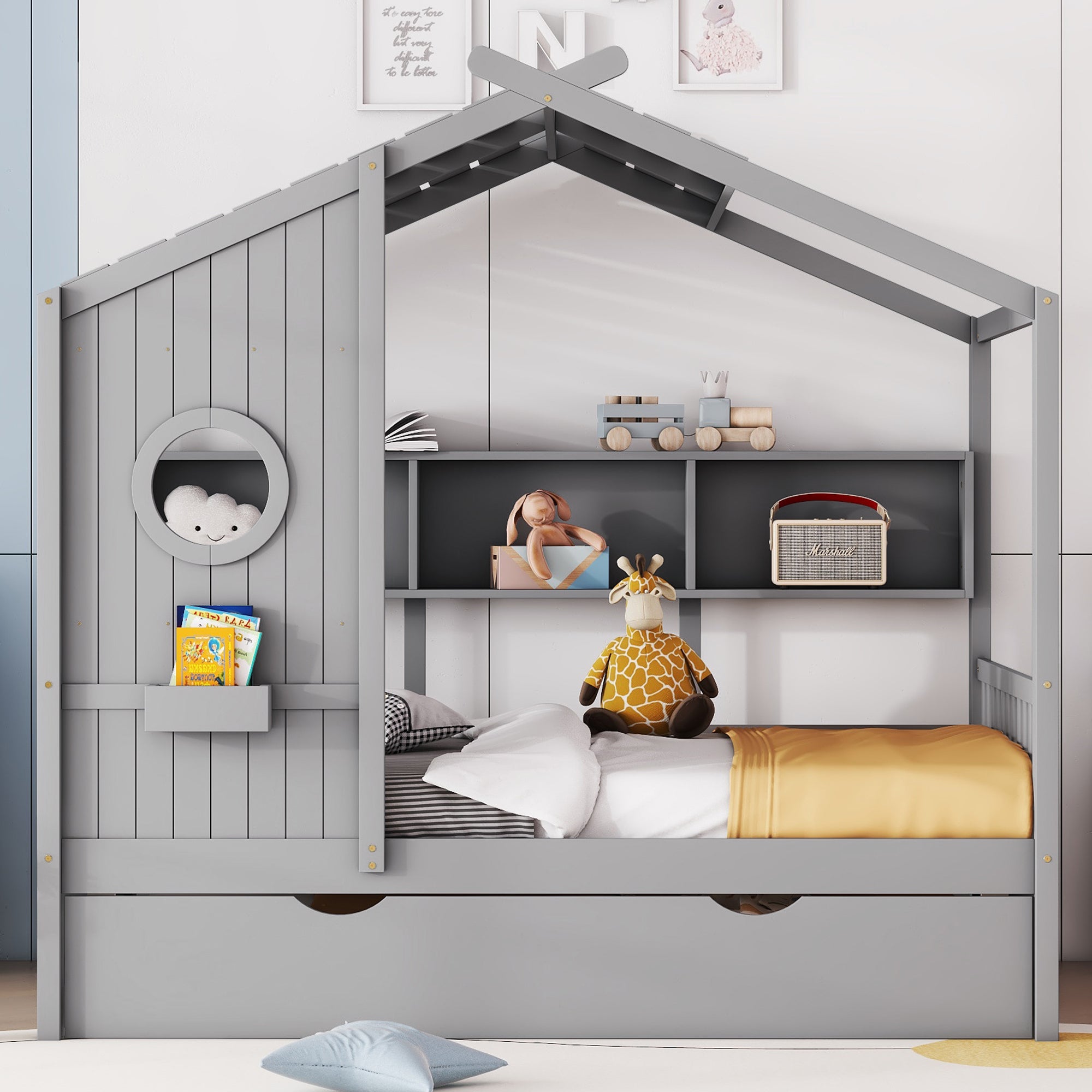 Wooden Full Size House Bed With Trundle and Storage Shelves In Gray