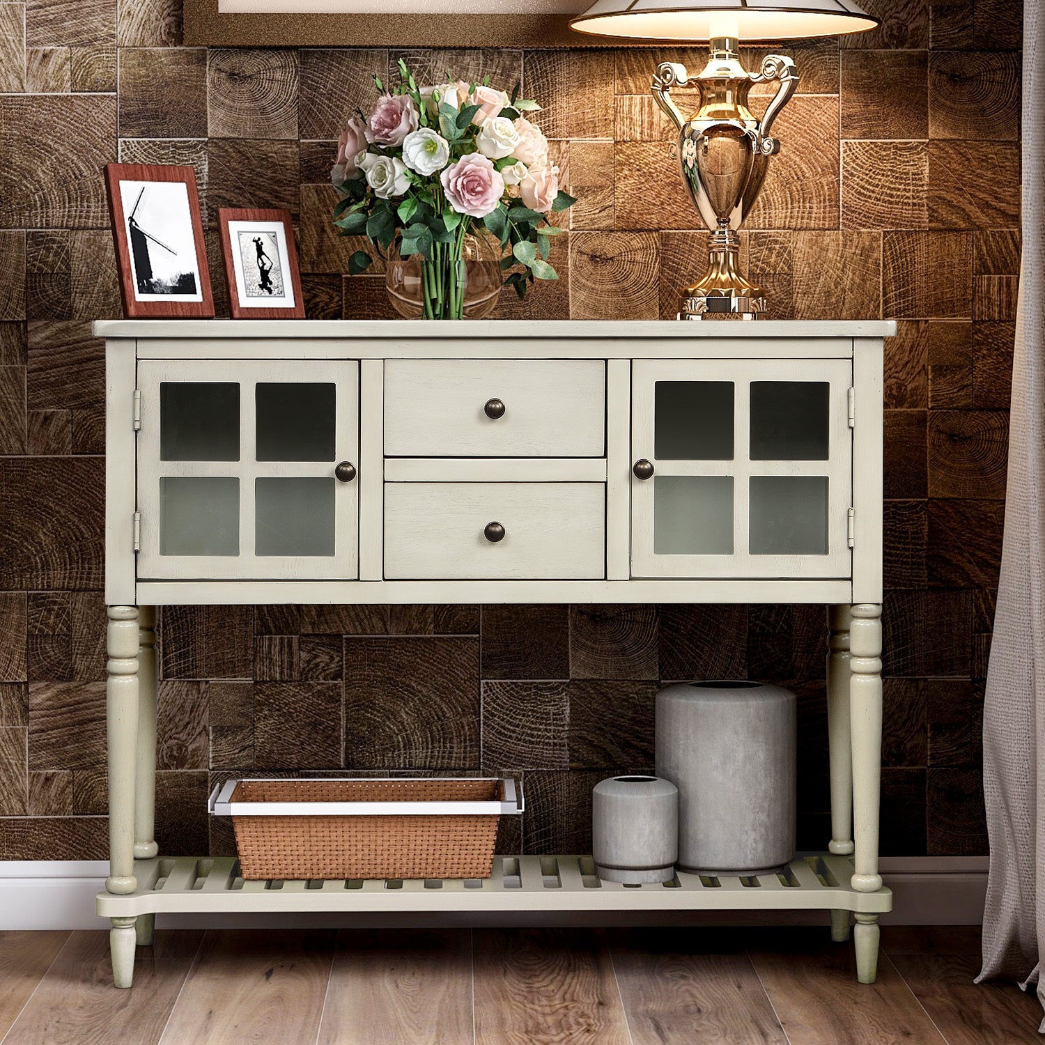 Farmhouse Wood Glass Sideboard Console Table With Bottom Shelf In Antique Grey