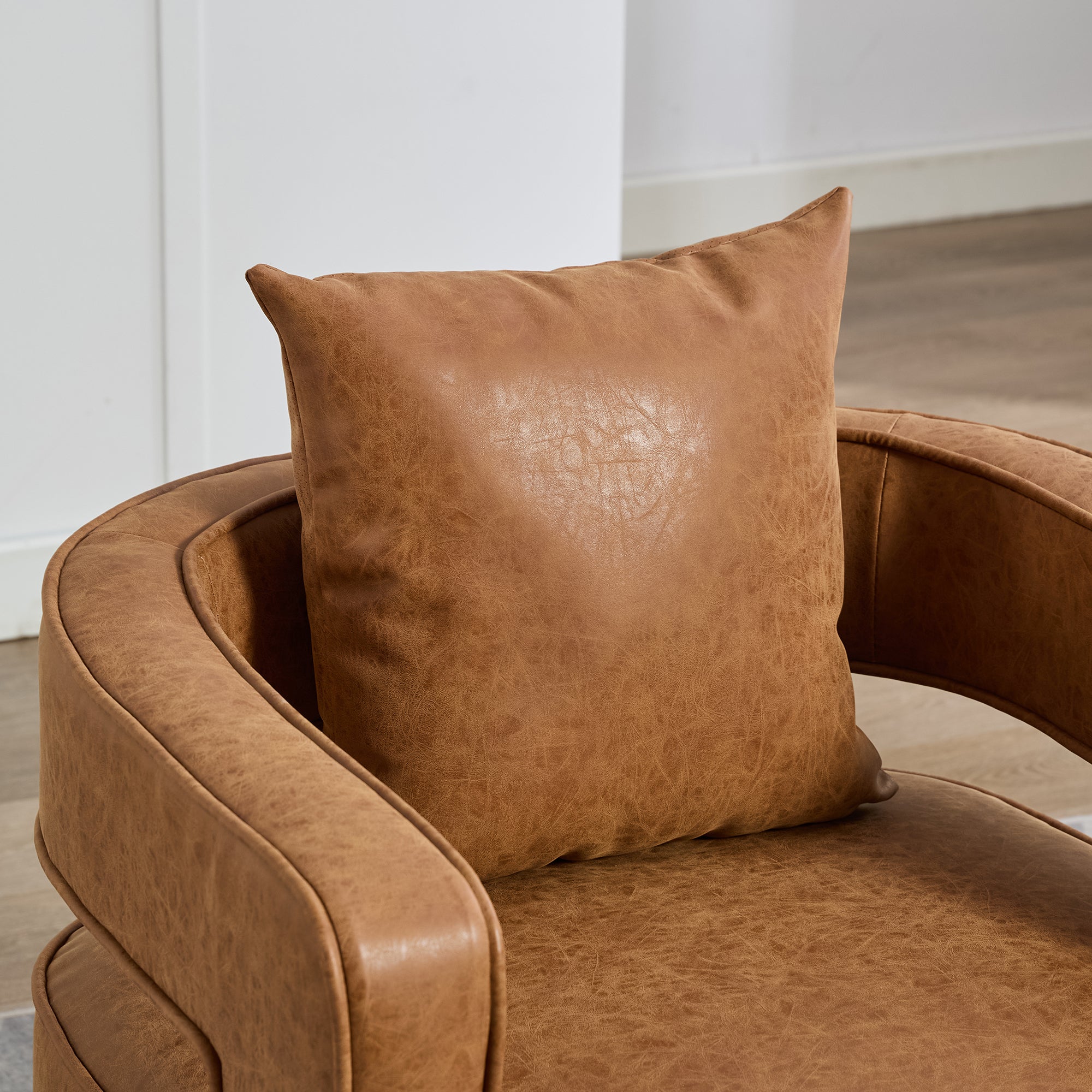 Open Back Brown Swivel Barrel Chair With Weathered Base