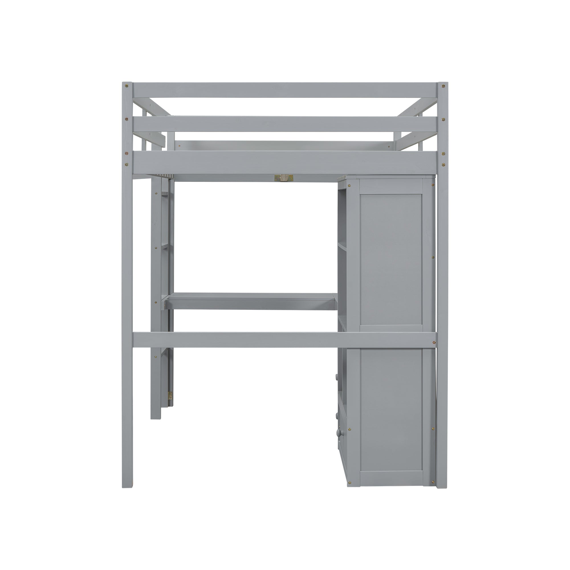 Gray Full Size High Loft Bed with Desk, Storage Shelves, and Drawers