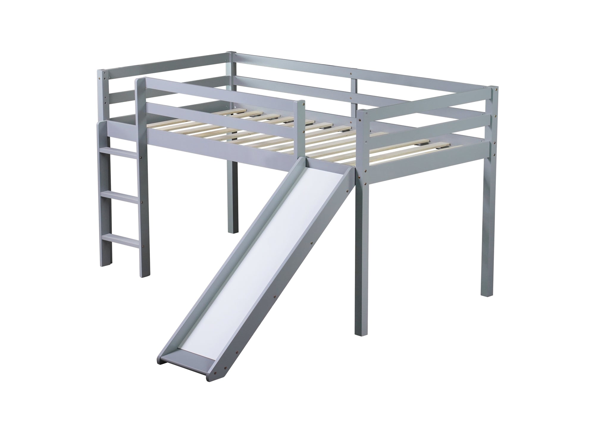 Gray Twin Low Loft Bed with Slide, Ladder, and Guardrails