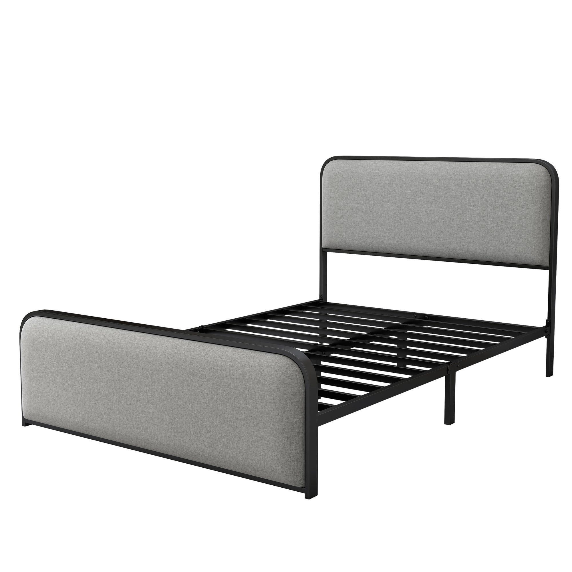 Gray Modern Full Metal Bed Frame with Fabric Headboard and Footboard