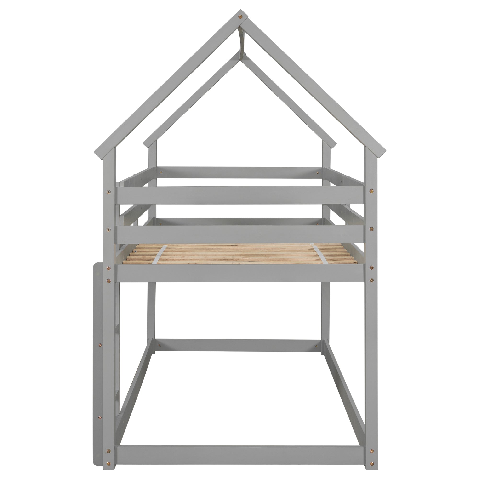 Twin over Twin Bunk Bed with Wood House Roof in Gray