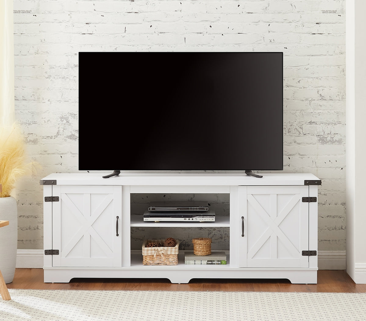 Modern Farmhouse TV Media Stand for TVs Up to 70 Inch with Open Shelves and Closed Cabinets In White