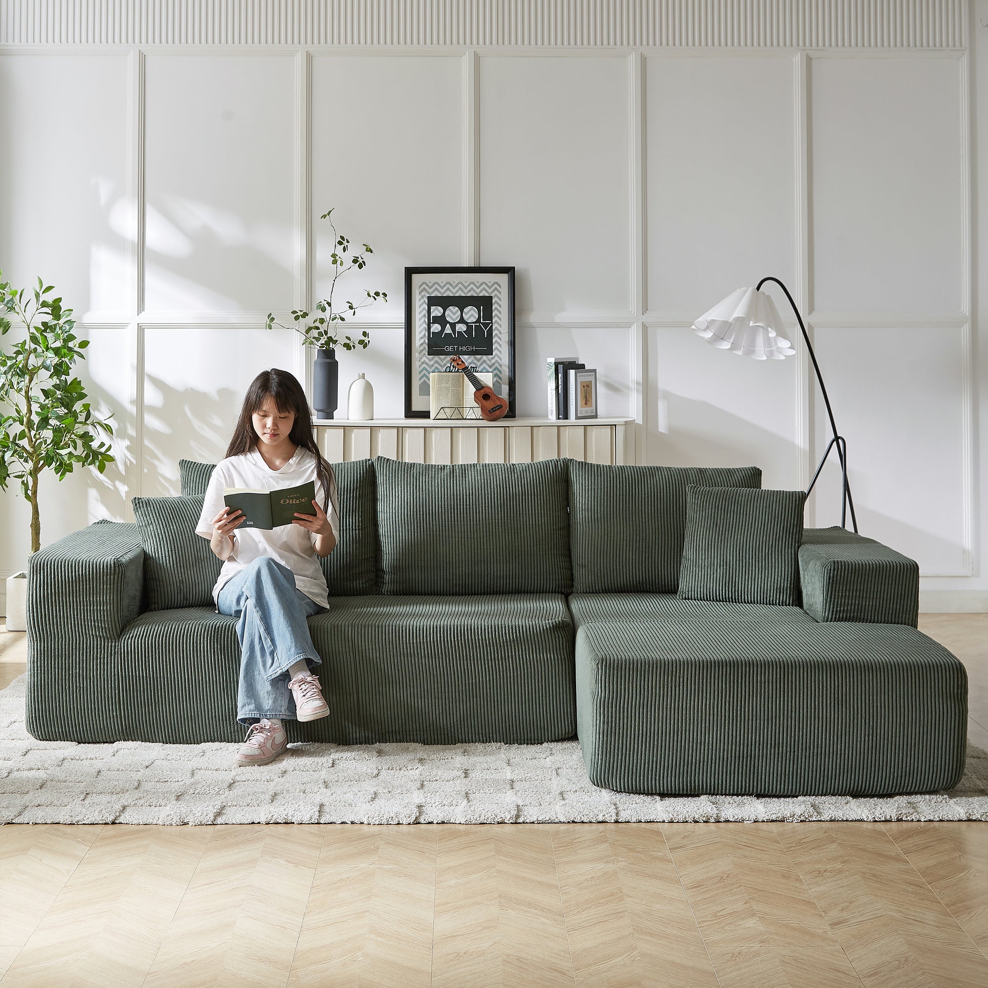 3-Seater Modular Corduroy Sofa In Green Flexible Configuration