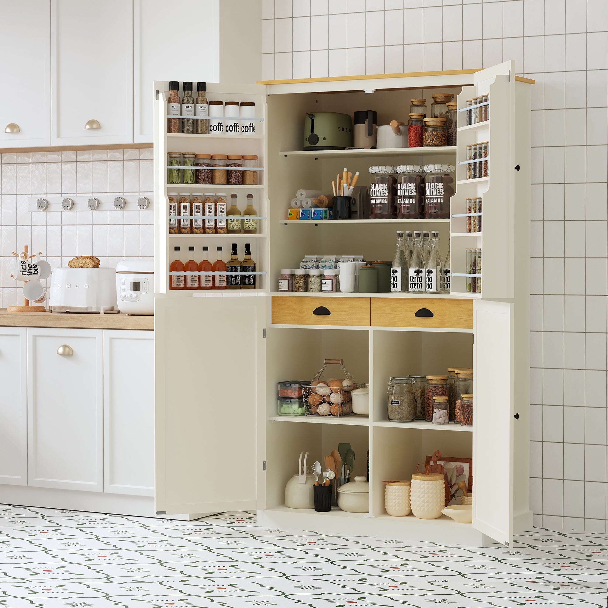 High Freestanding Kitchen Pantry With 2 Drawers Adjustable Shelves 8 Door Shelves Durable MDF In Cream