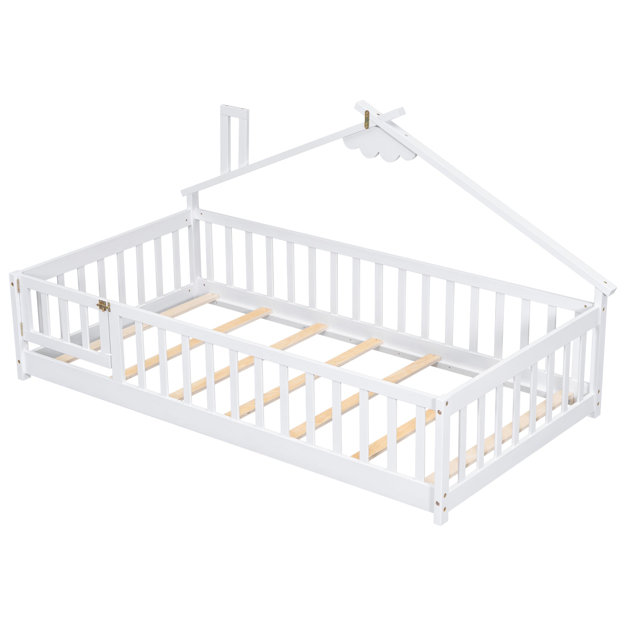 Twin House-Shaped Bedside Toddler Floor Bed with Guardrails, Slats & Door