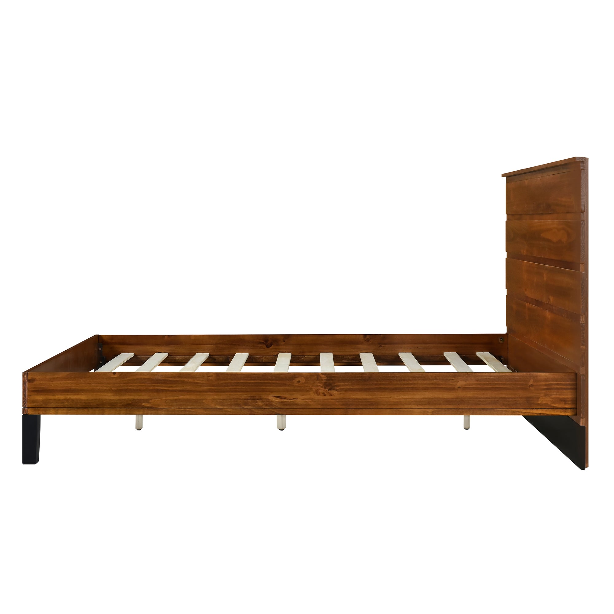 Brown Full Mid-Century Modern Solid Wood Bed with Six-Piece Headboard