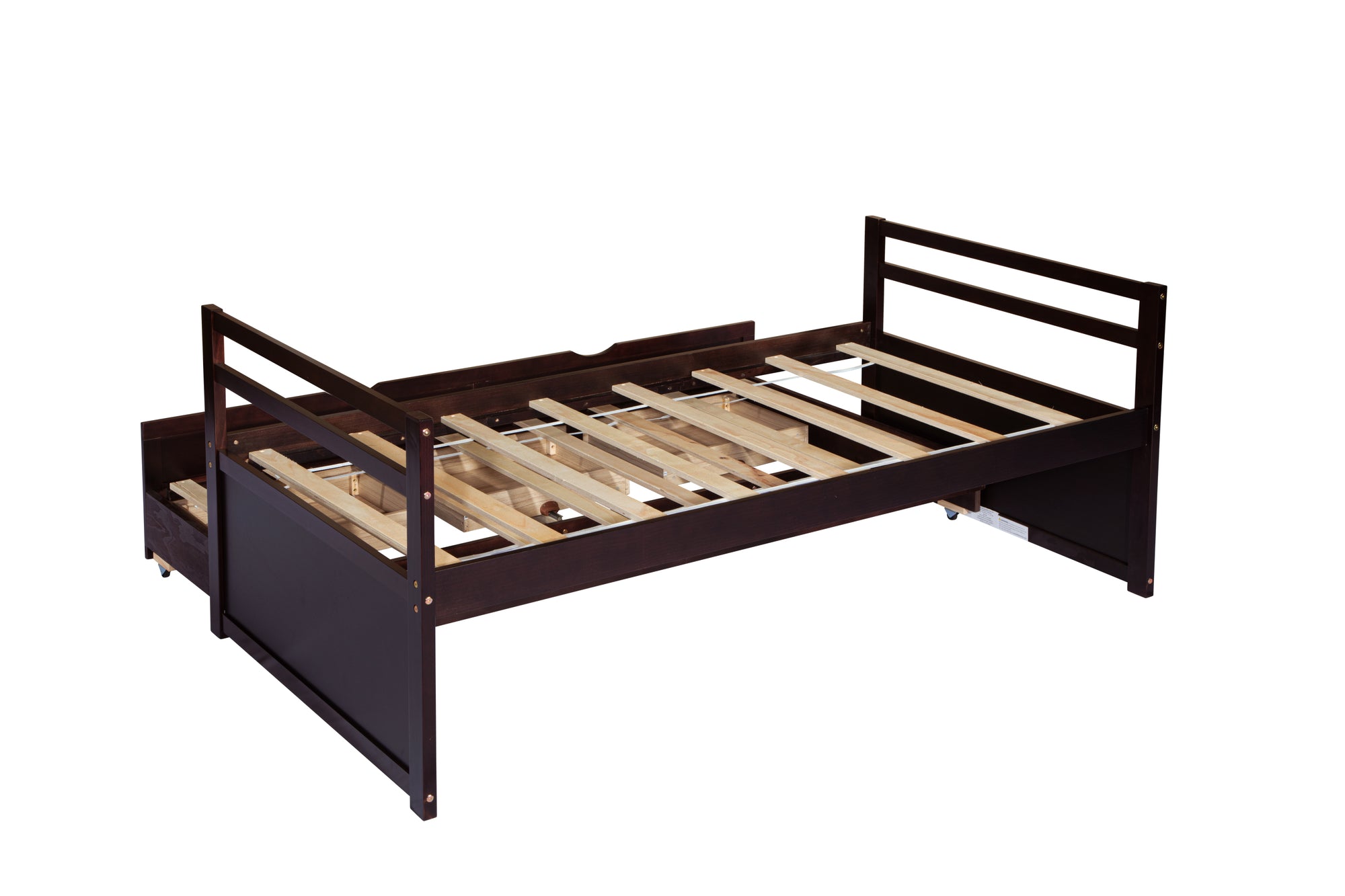 Espresso Pine Twin Size Bed with Headboard, Footboard, Trundle, and Three Storage Drawers