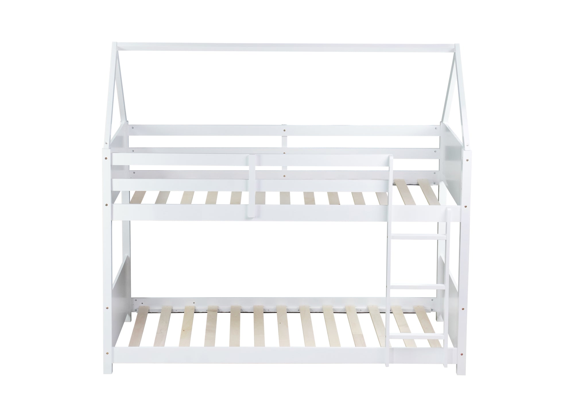 Twin Over Twin House Floor Bunk Bed with Guardrails and Ladder