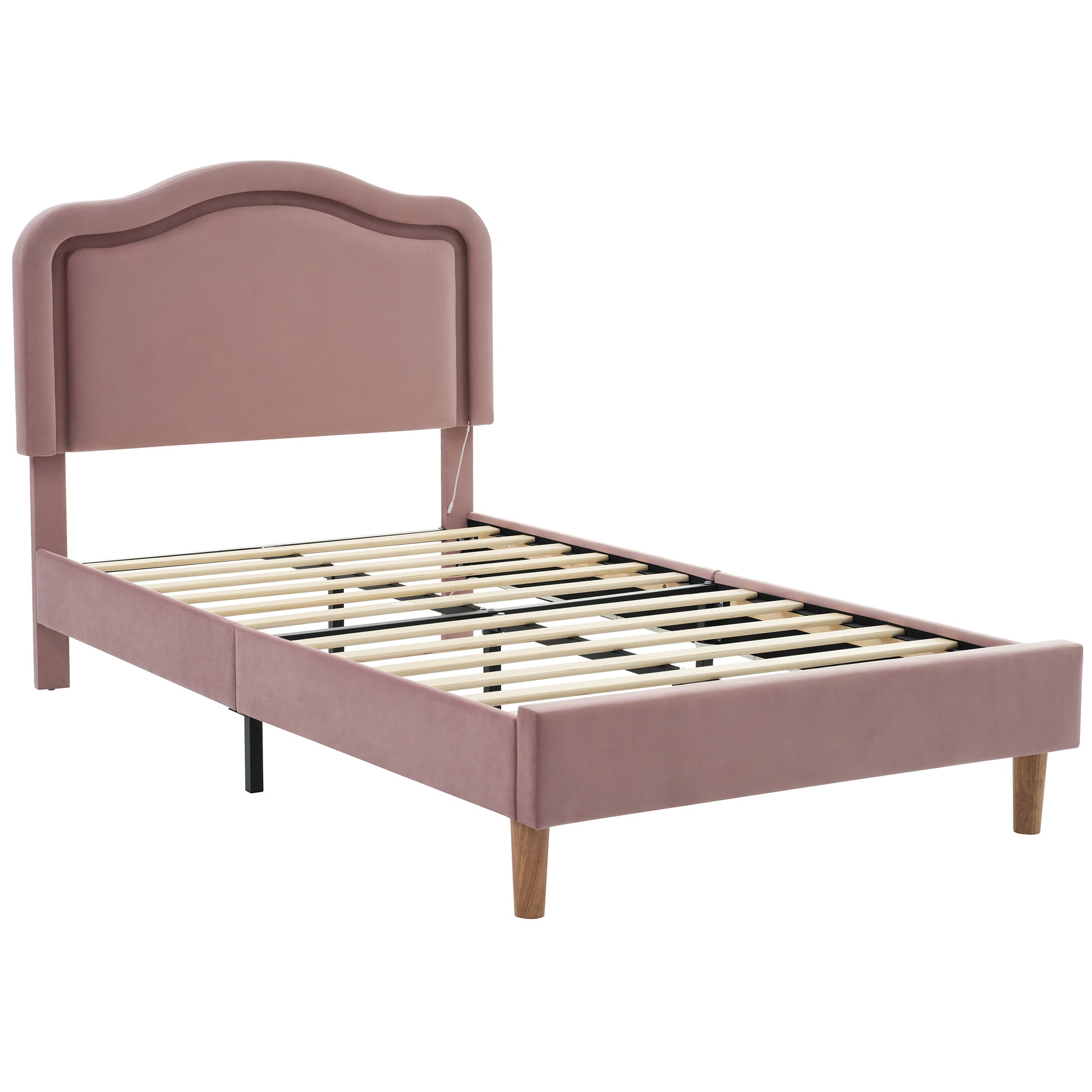 Pink Twin Velvet Upholstered Bed Frame with Adjustable LED Lights