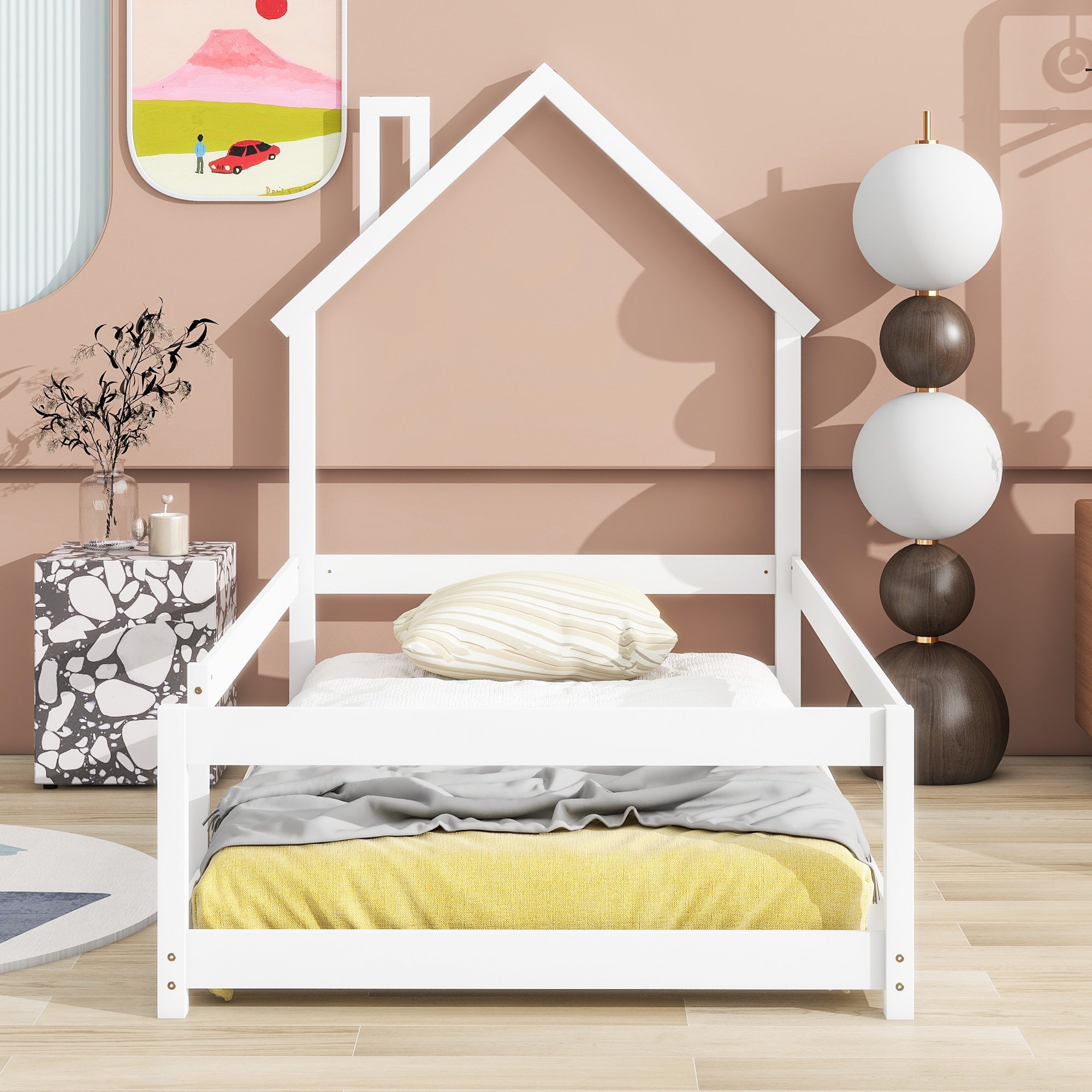 White Twin Size Wood Toddler Floor Bed with House-Shaped Headboard & Guardrails