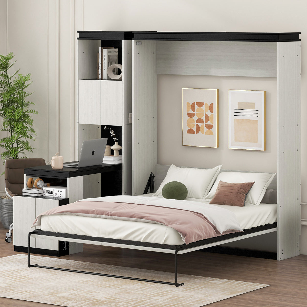 Full Size Murphy Bed with Desk and Storage Shelves and Cabinets In Black and White