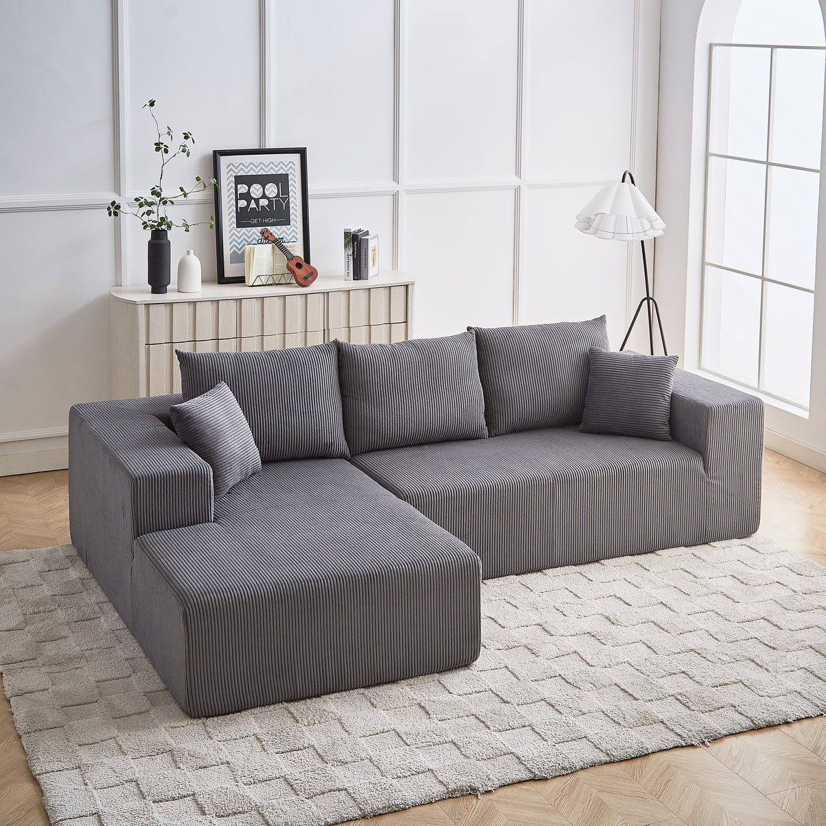 3-Seater Modular Corduroy Sofa In Gray Flexible Configuration