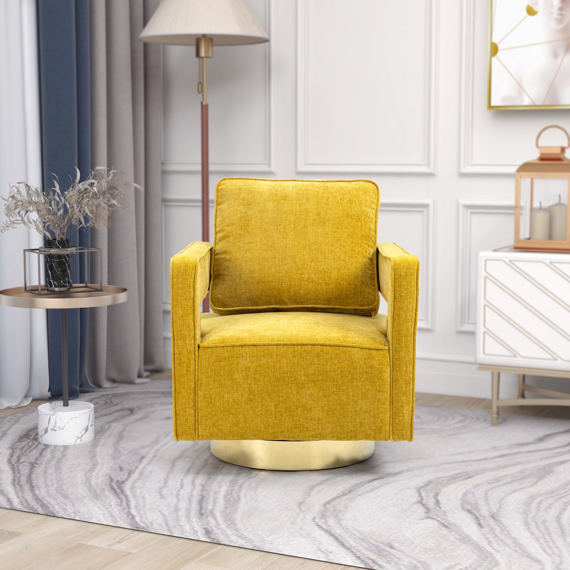 Open Back Mustard Chenille Swivel Accent Chair With Gold Stainless Steel Base