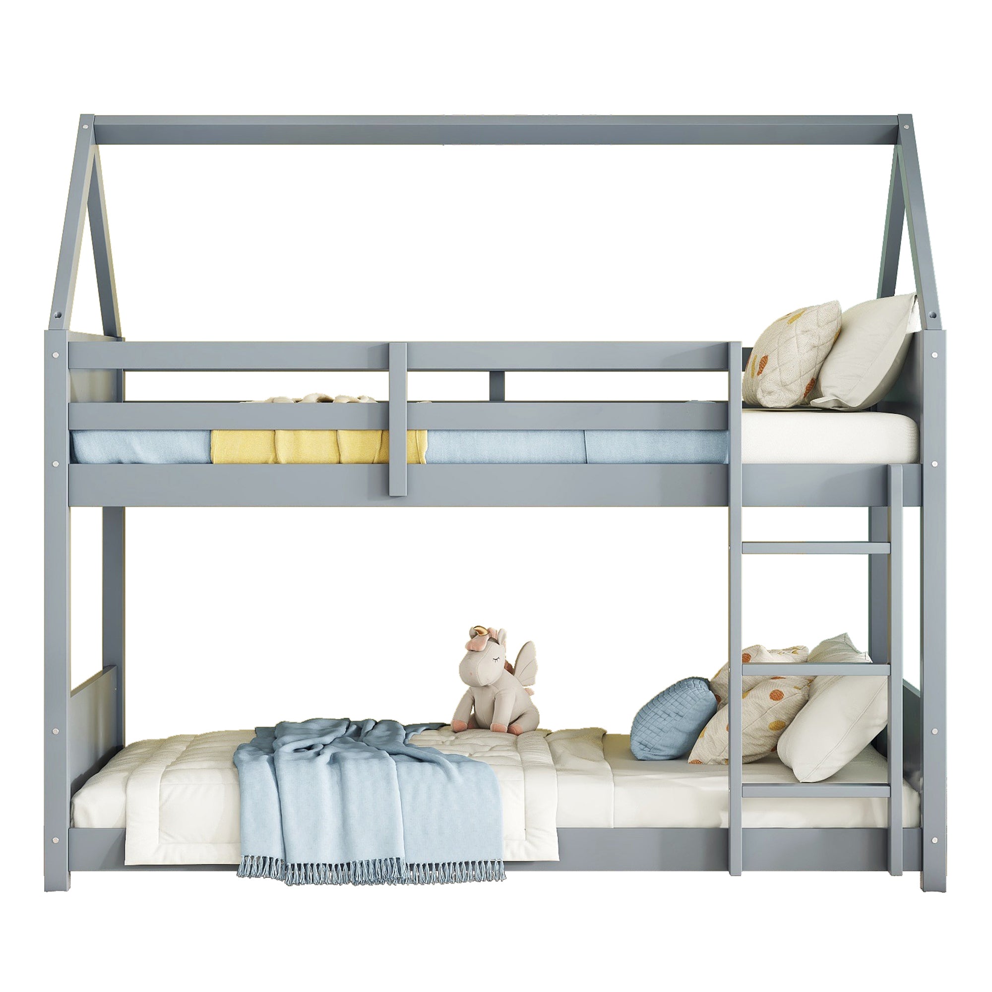 Light Gray Twin Over Twin House Floor Bunk Bed