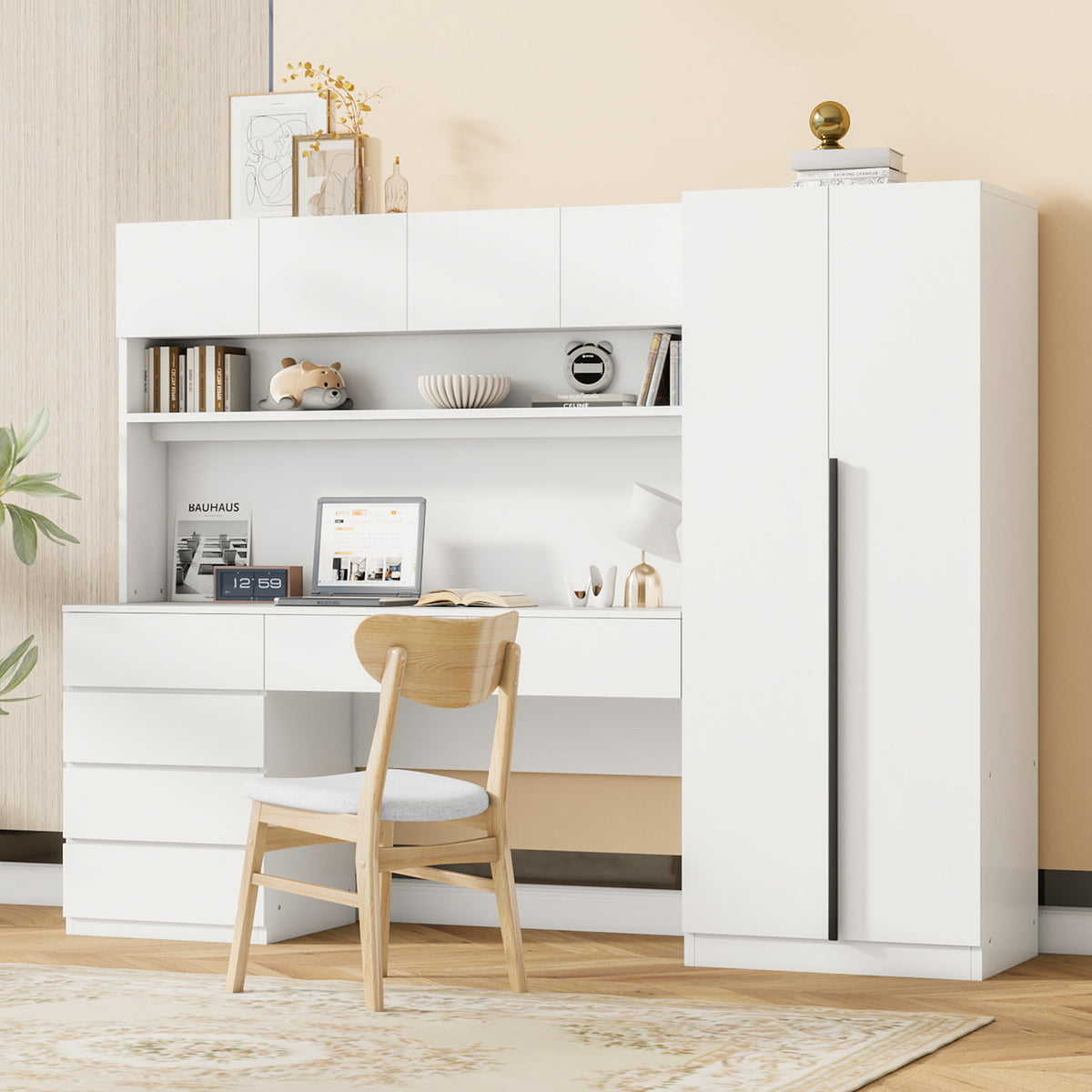 90" White 2 Door Wooden Storage Cabinet with Integrated Desk