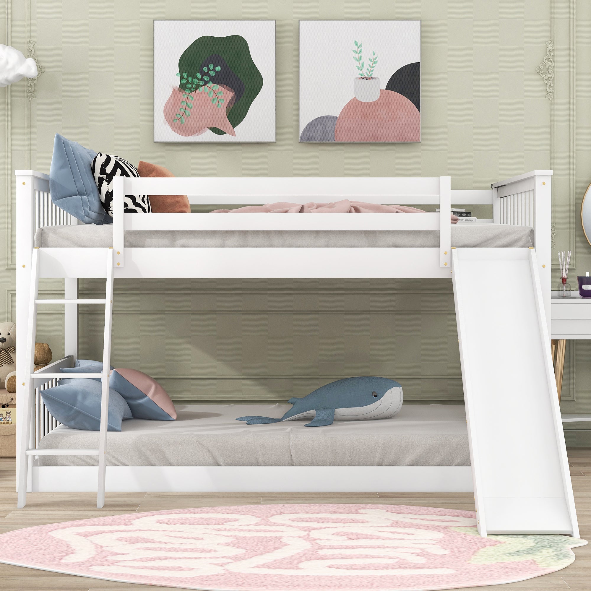 Full Over Full Bunk Bed With Convertible Slide And Ladder In White