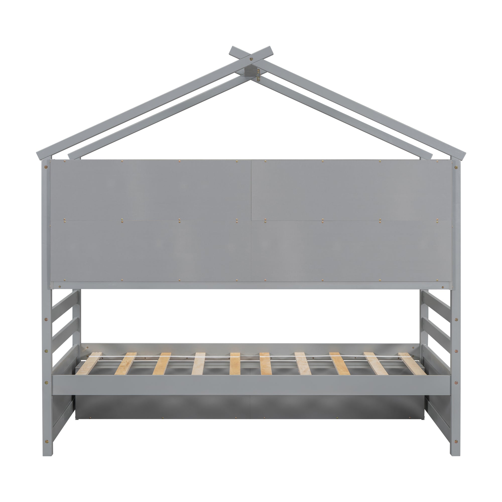 Gray Twin House Bed with Roof Frame, Bedside Shelves & Under-Bed Storage Unit