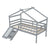 Gray Twin Low Loft House Bed with Slide, Ladder, and Roof Frame