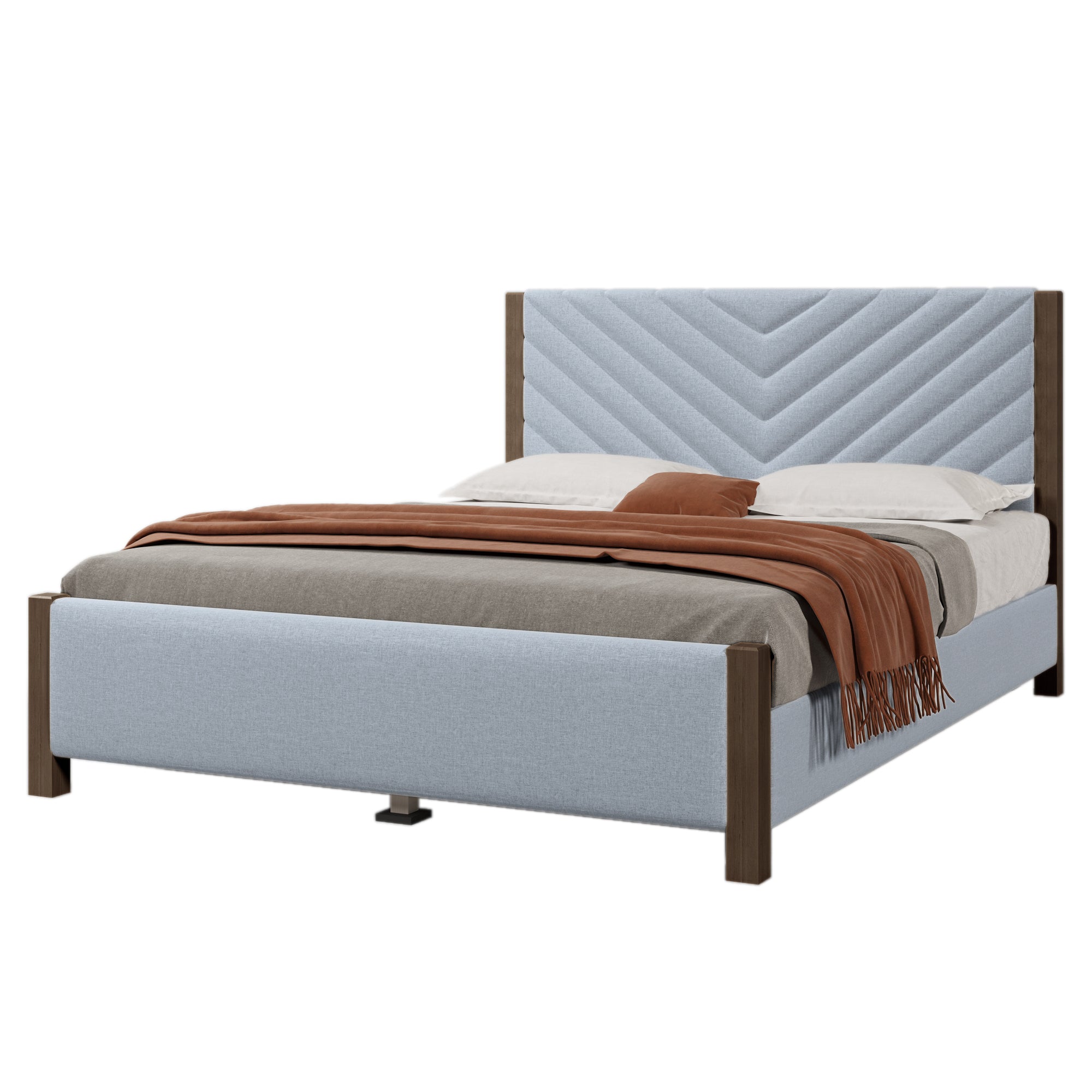 Modern Mid-Century Queen Upholstered Platform Bed with Chevron Headboard in Gray