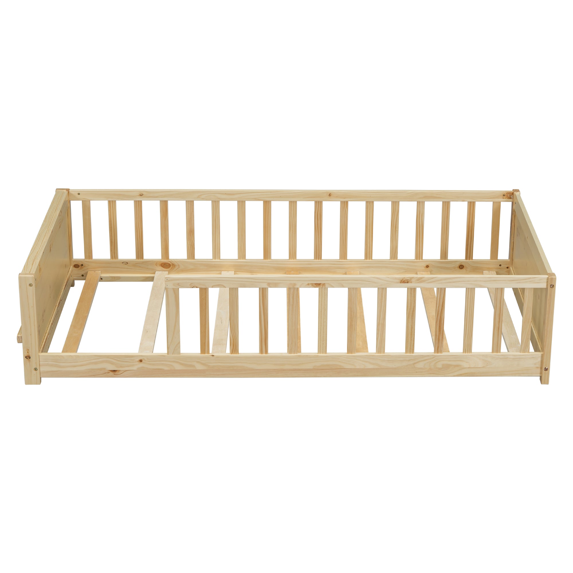 Natural Finish Twin Toddler Floor Bed with Built-in Book Storage Rack