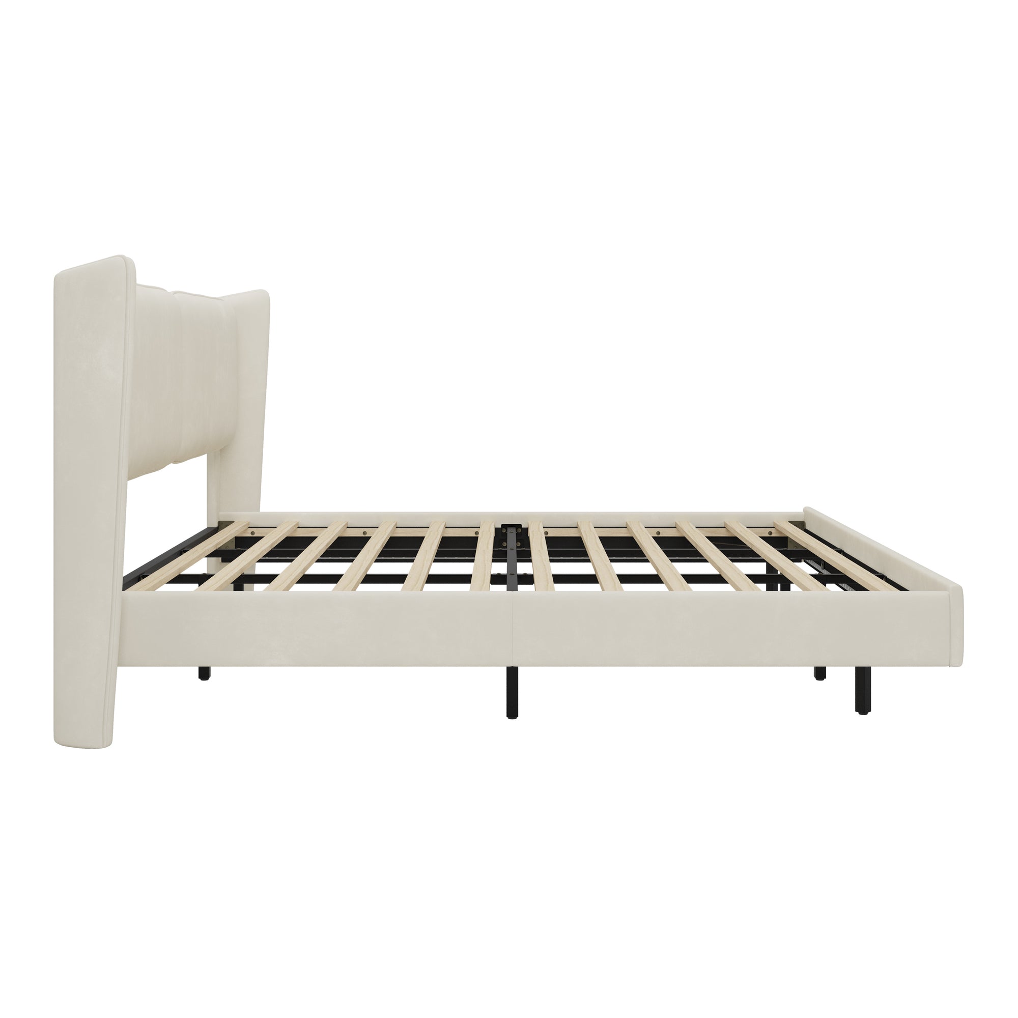 King Size Modern Velvet Upholstered Floating Bed Frame in Beige