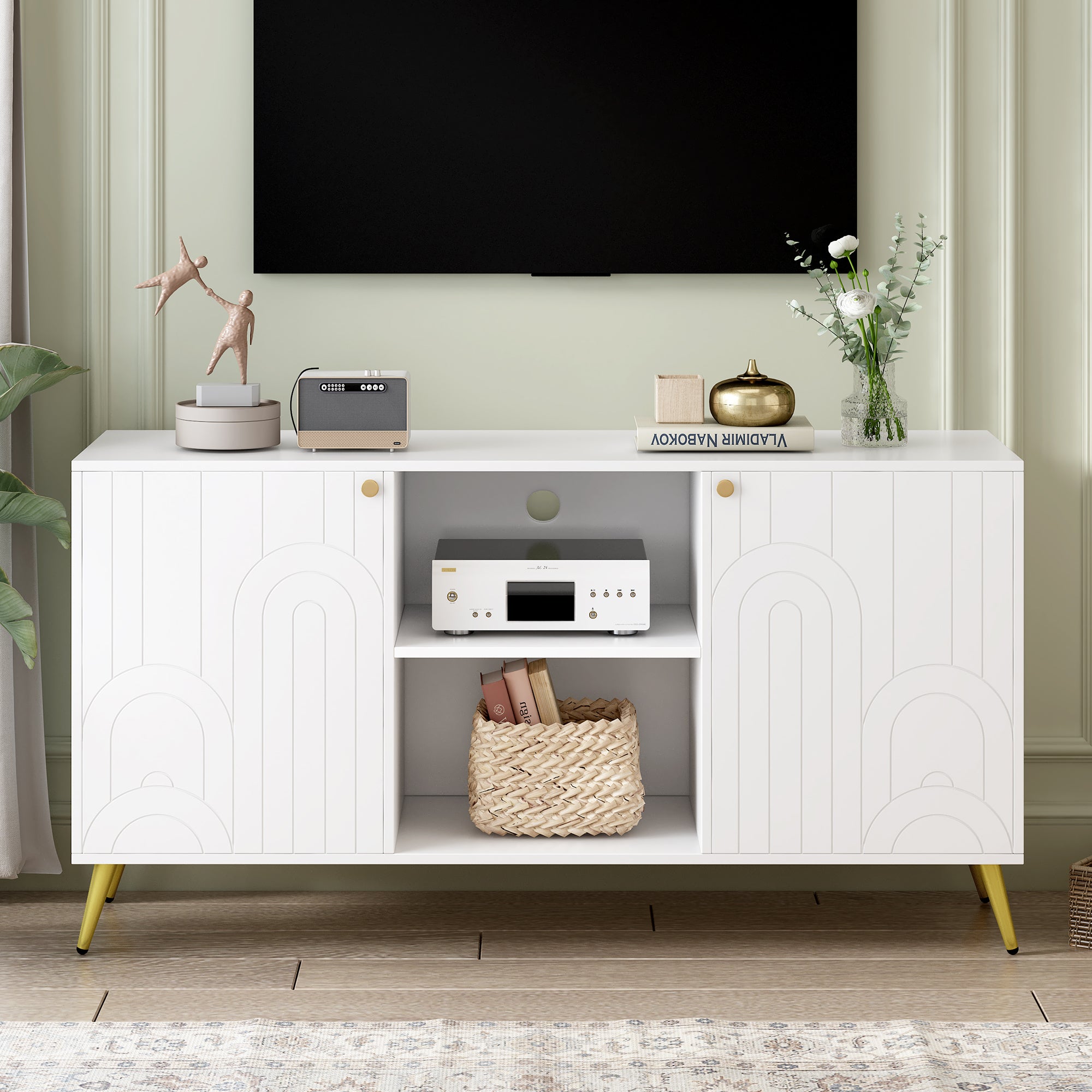 Modern TV Stand for TVs up to 55 Inches with Adjustable Shelf and Metal Legs In Gray