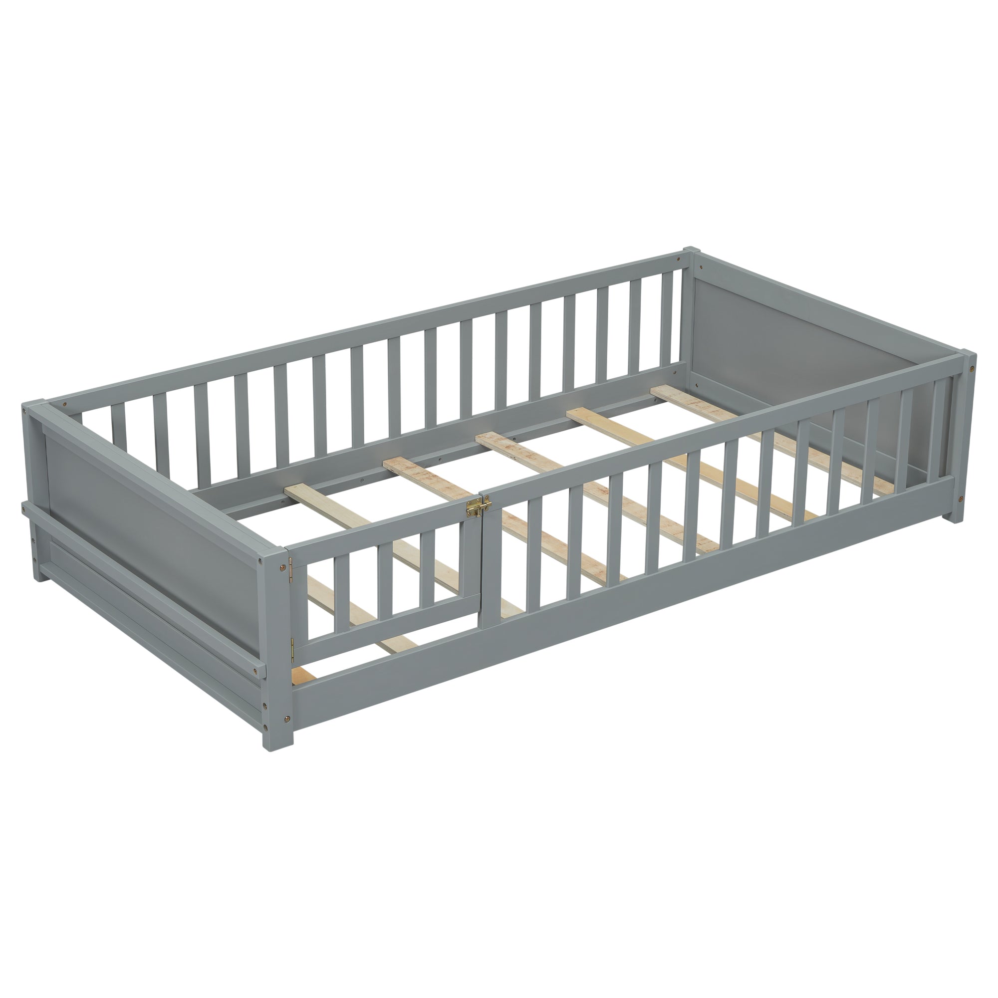 Gray Twin-Size Toddler Floor Platform Bed with Built-in Book Storage and Safety Guardrails