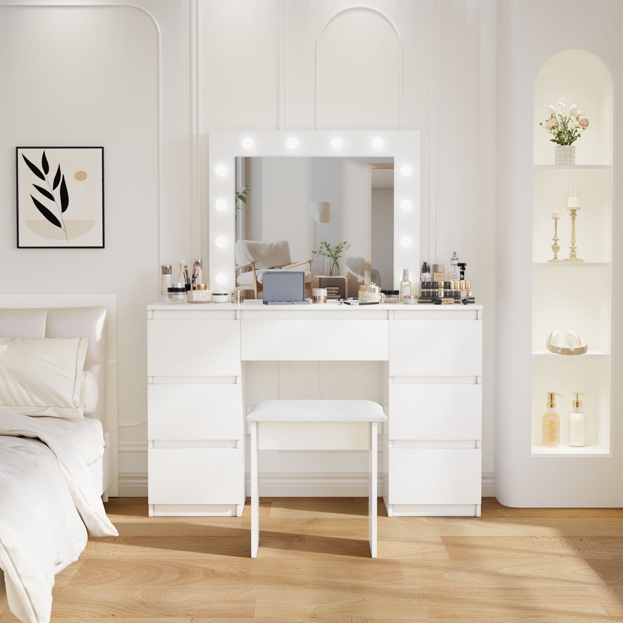 Large White Vanity Tables with Mirror and Light In Matte White