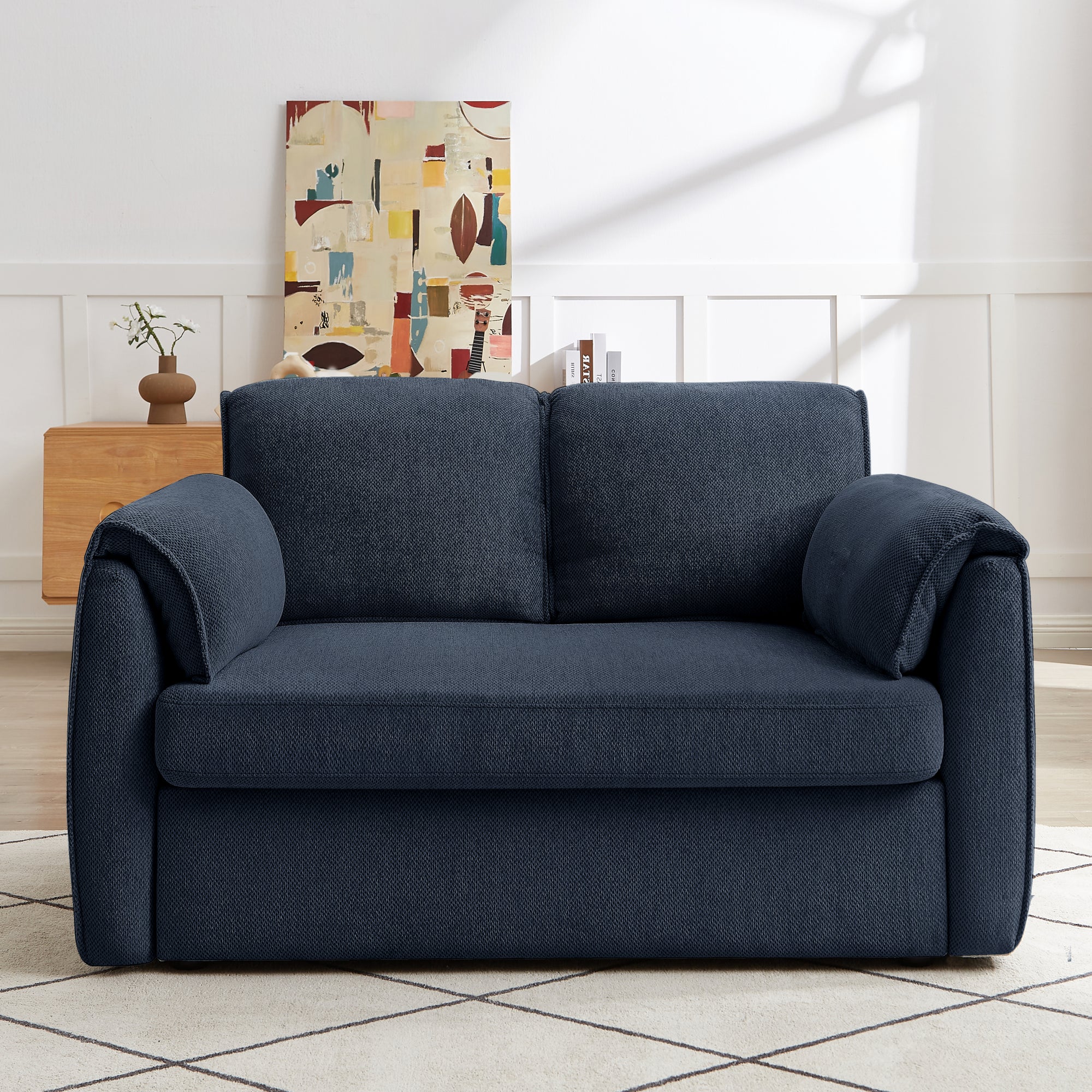 Blue Chenille Sofa Bed with Plush Comfort and Effortless Conversion