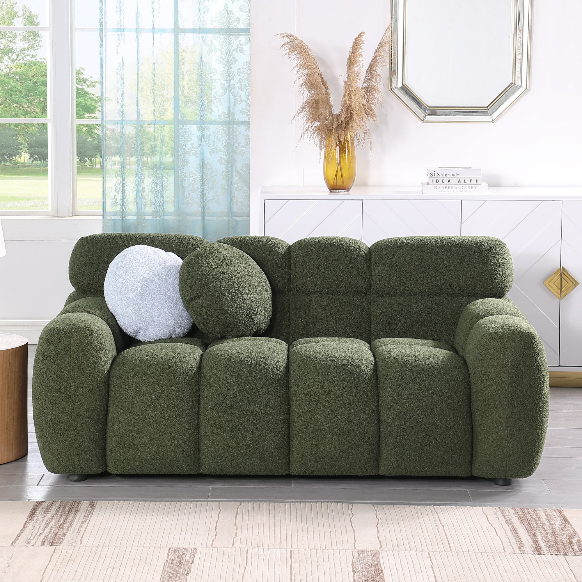 Olive Green Boucle Rolled Arm Split Back Marshmallow Sofa