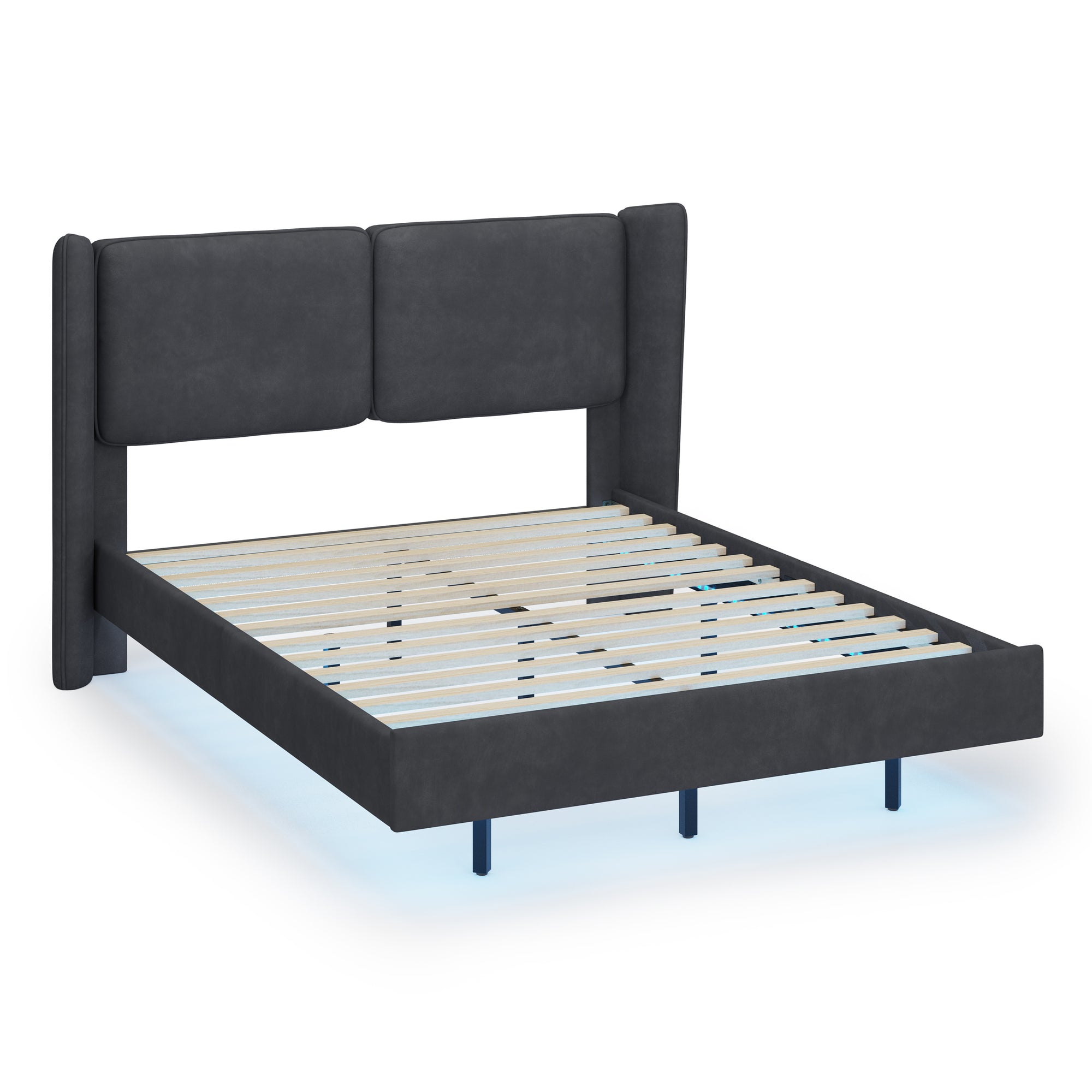 Dark Gray Velvet Queen Size Floating Platform Bed Frame with LED Lighting