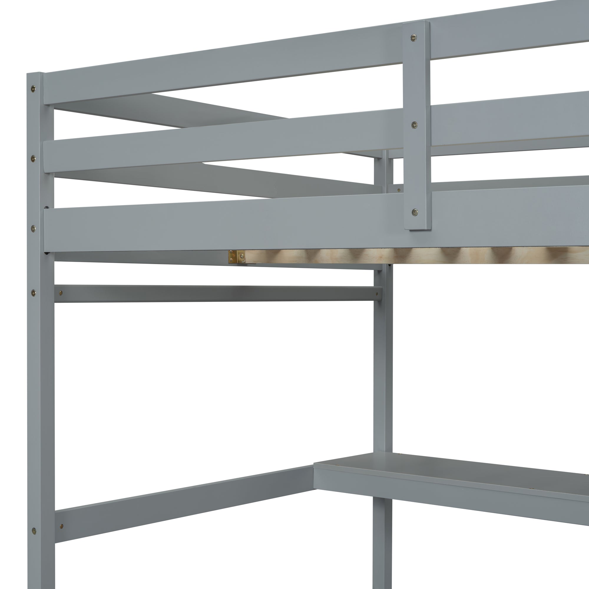 Gray Full Size High Loft Bed with Built-in Desk, Ladder Platform, and Guardrails