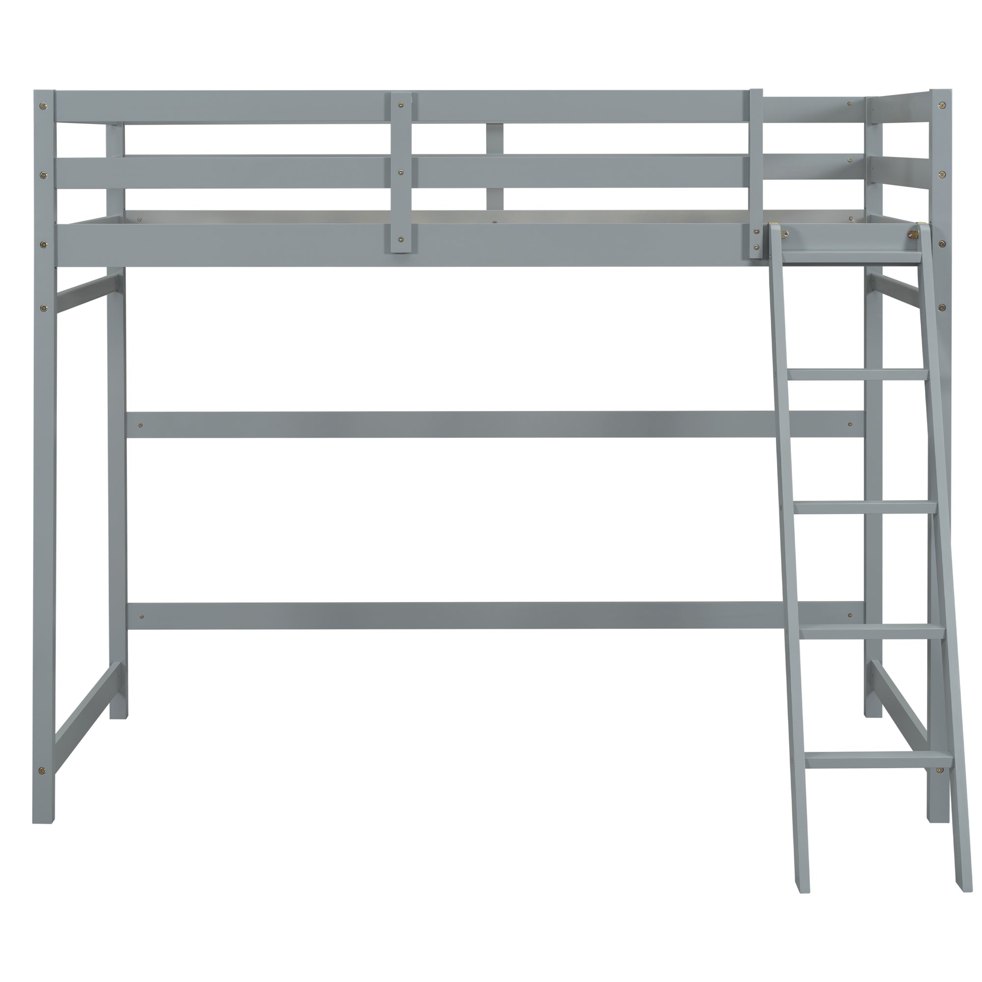 Gray Twin Size High Loft Bed with Inclined Ladder and Guardrails