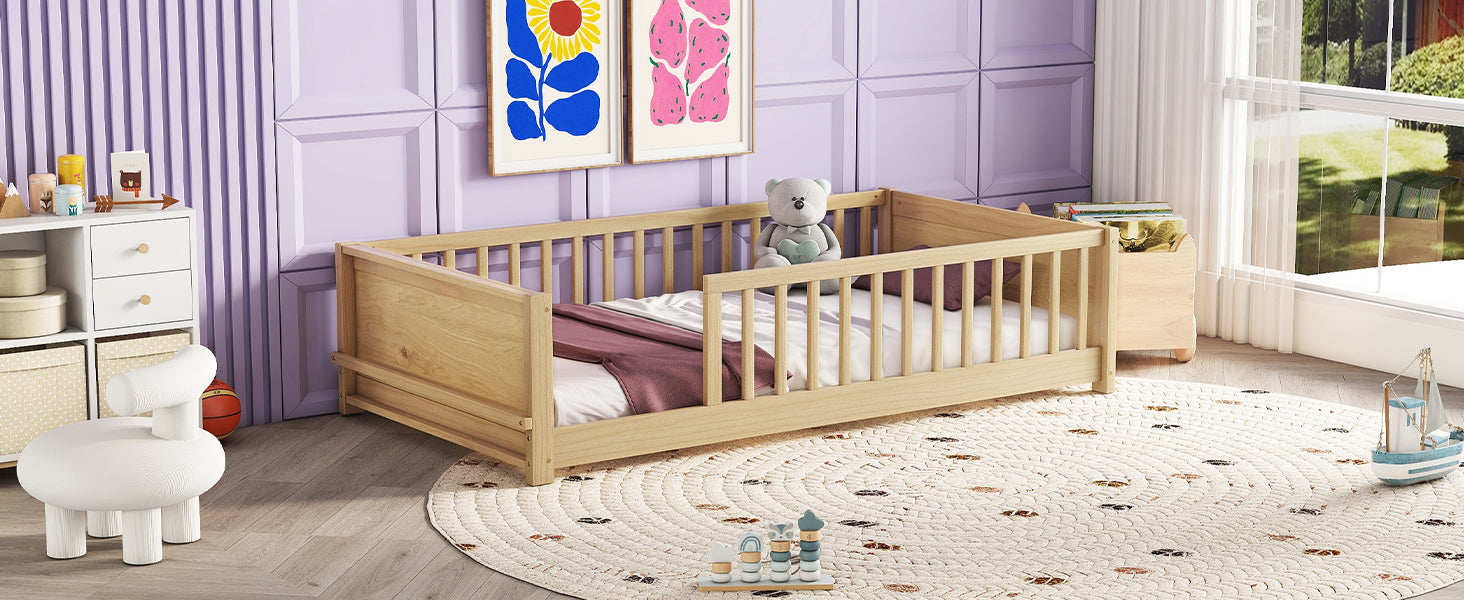 Natural Finish Twin Toddler Floor Bed with Built-in Book Storage Rack