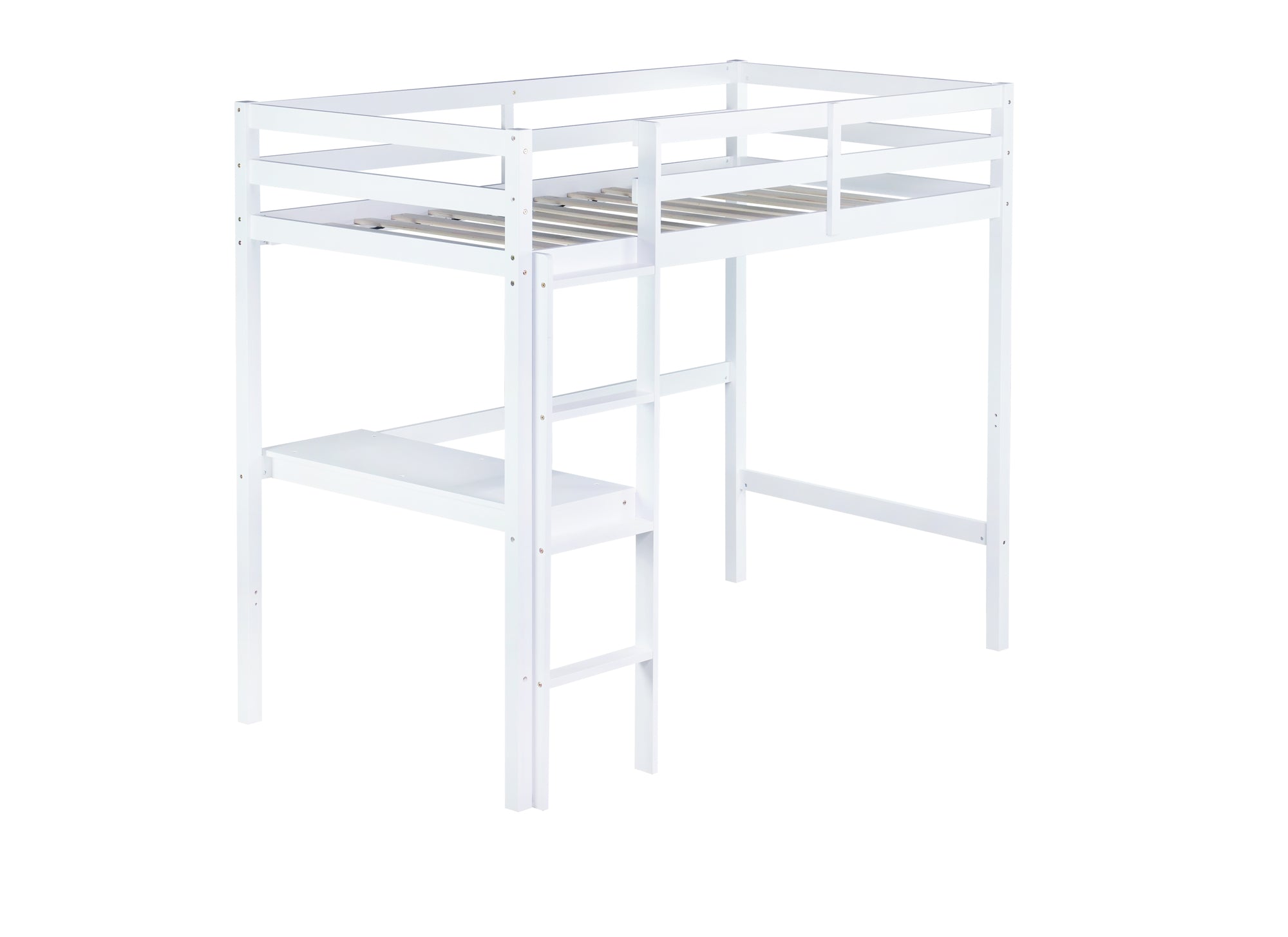 White Twin High Loft Bed For Kids with Built-in Desk in Rubber Wood Construction