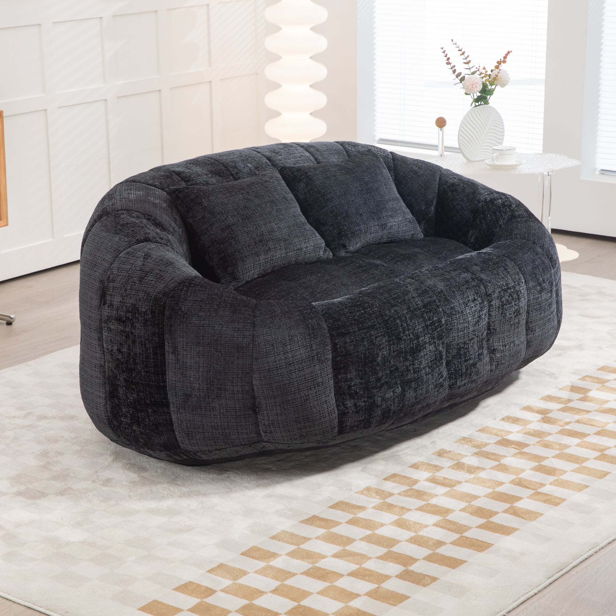 Comfortable High-Back Bean Bag Sofa in Black Chenille