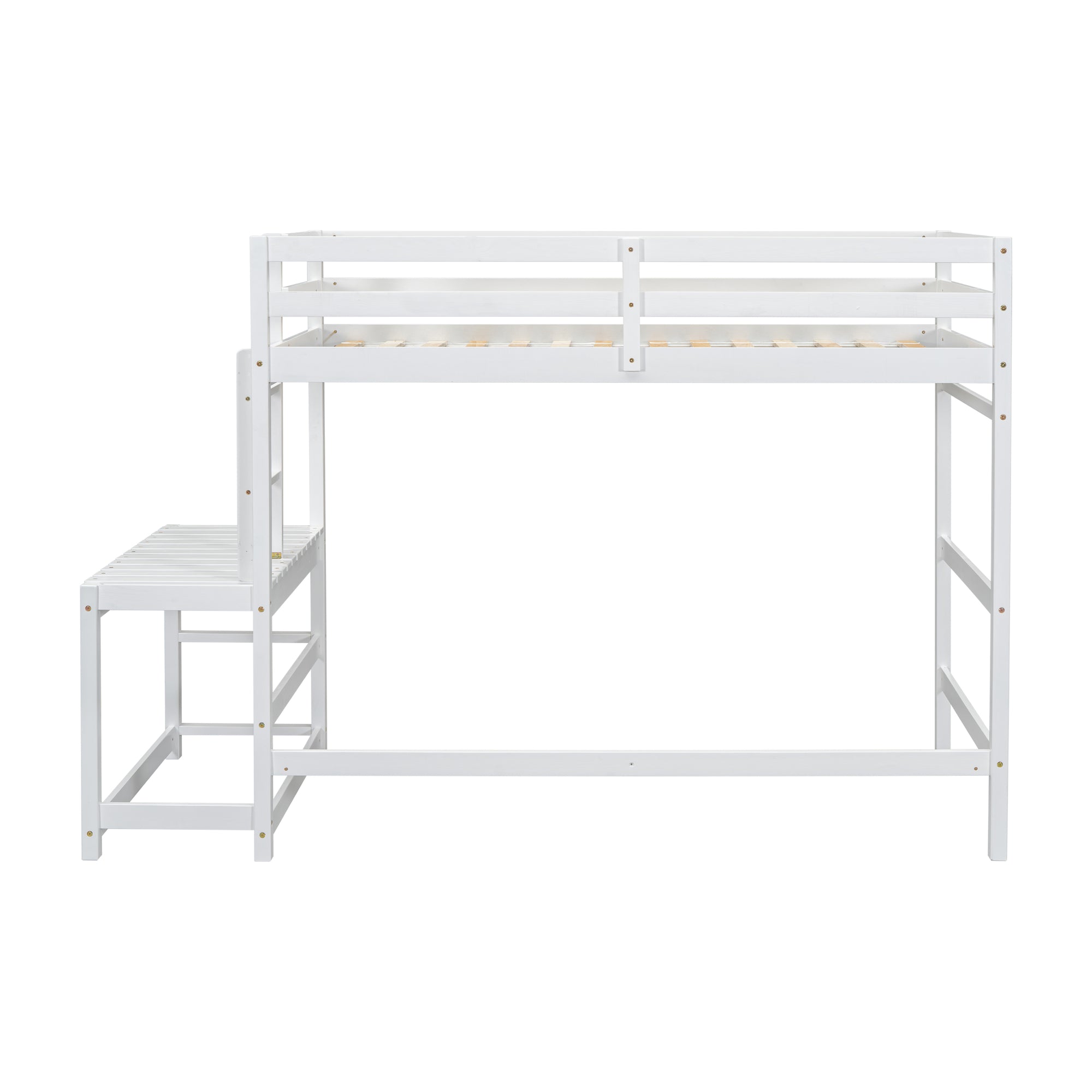 White Twin High Loft Bed with Ladder Landing Platform, Ladders, and Guardrails