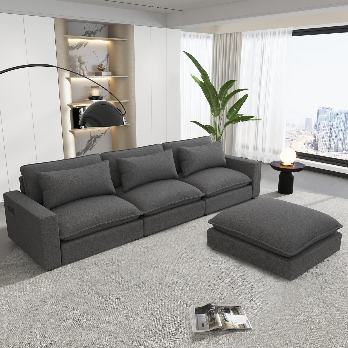 Lisbon Sectional Sofa with Movable Ottoman in Grey