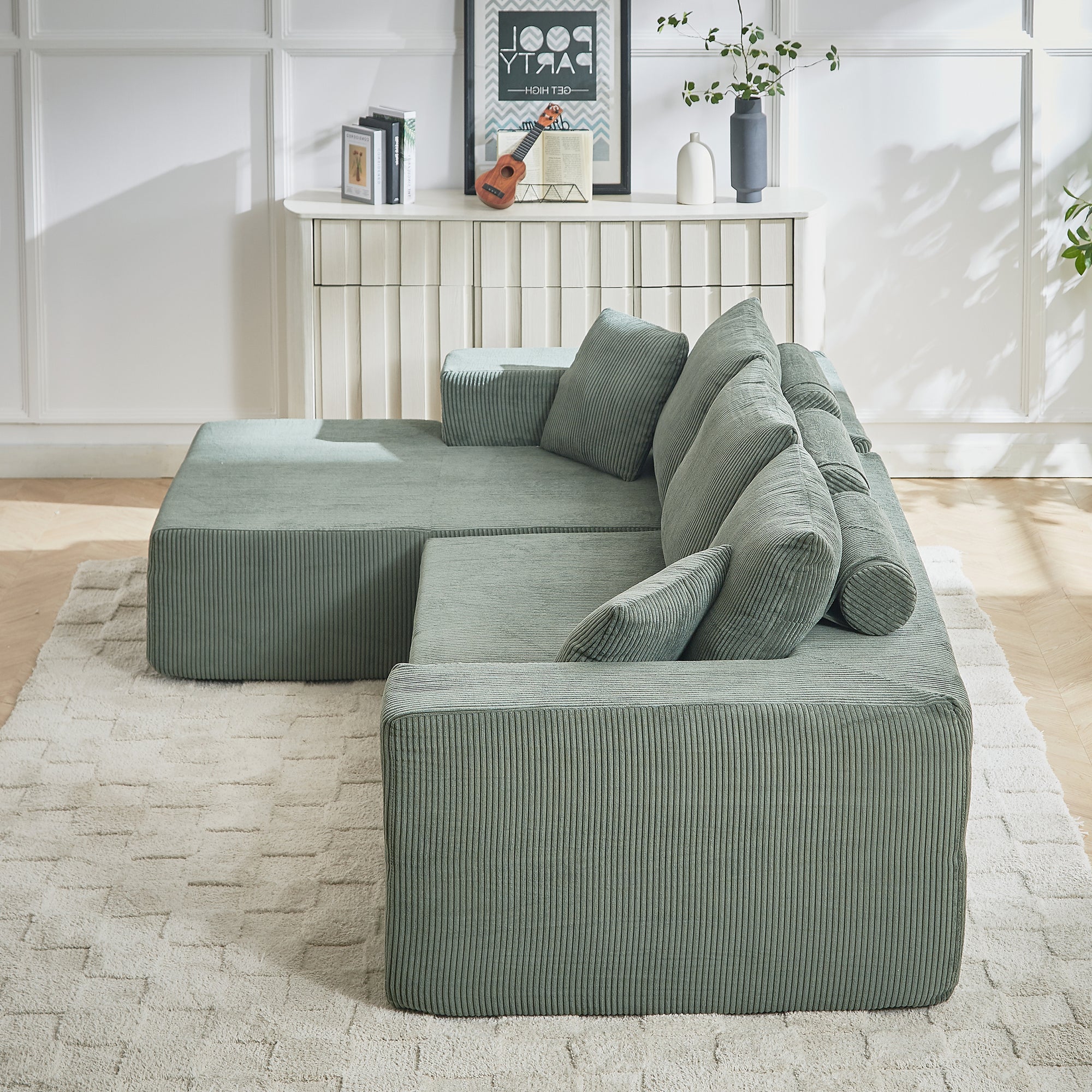 Modern Corduroy Upholstered Modular Sectional Sofa Set With Free Combination Design And Five Pillows In Green