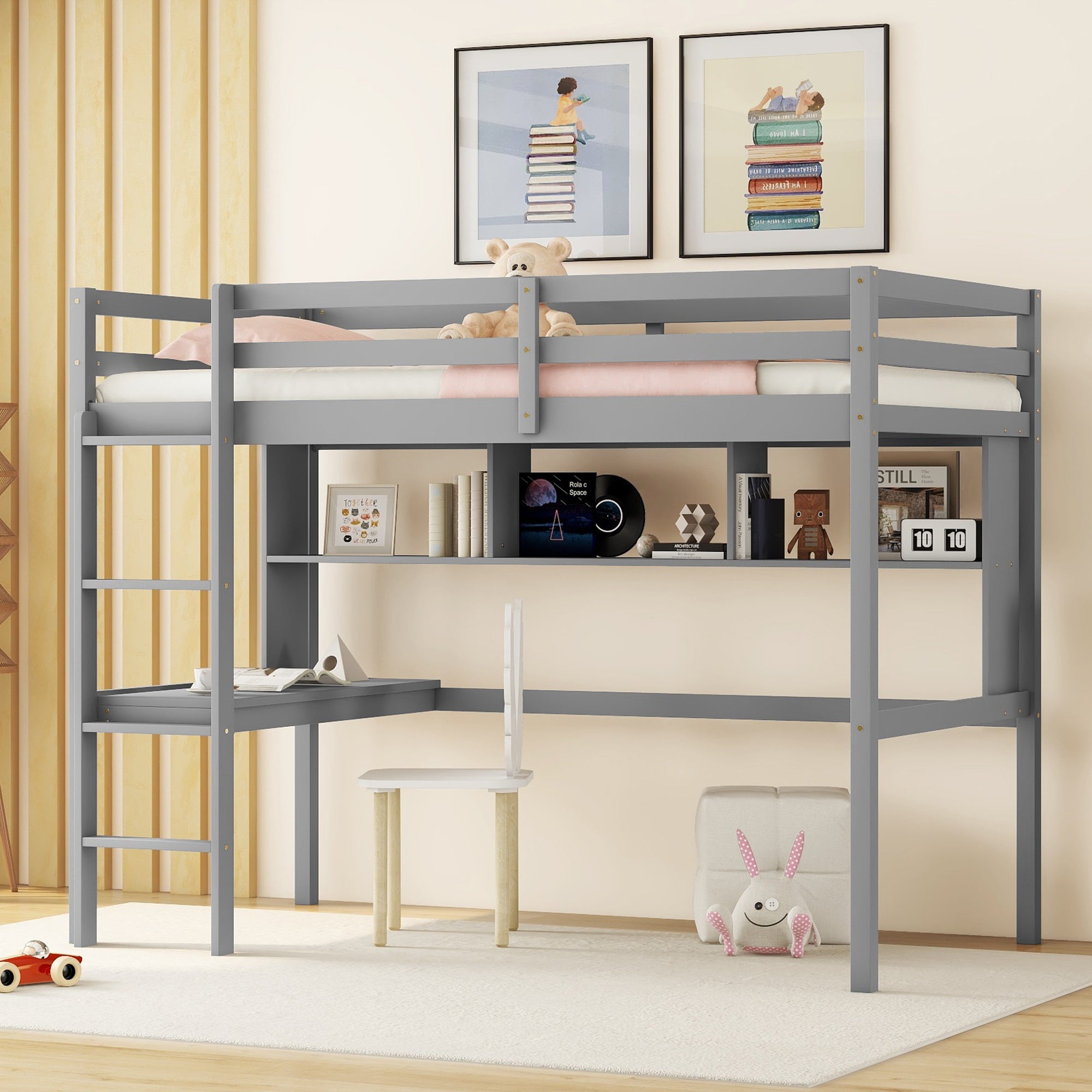 Gray Twin Loft Bed with Desk, Bookcase, and Safety Guardrail