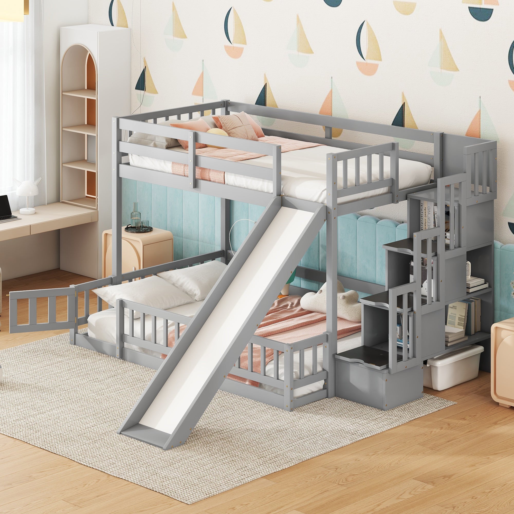 Twin Over Full Bunk Bed with Slide and Storage Staircase