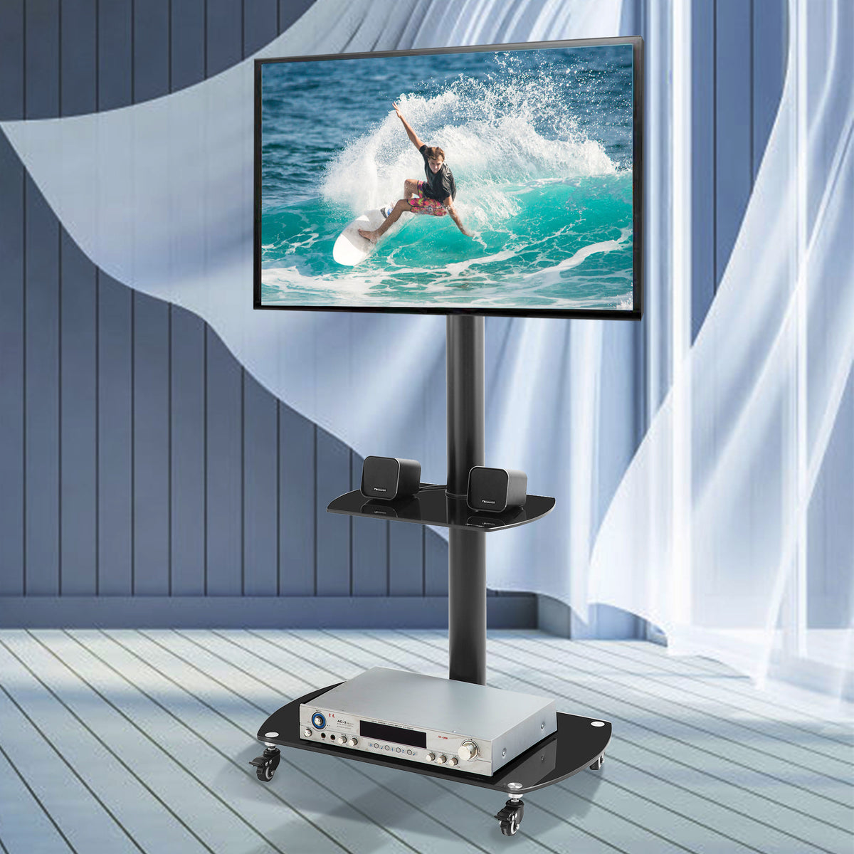 Black Height &amp; Angle Adjustable Tempered Glass Mobile TV Stand with Locking Wheels