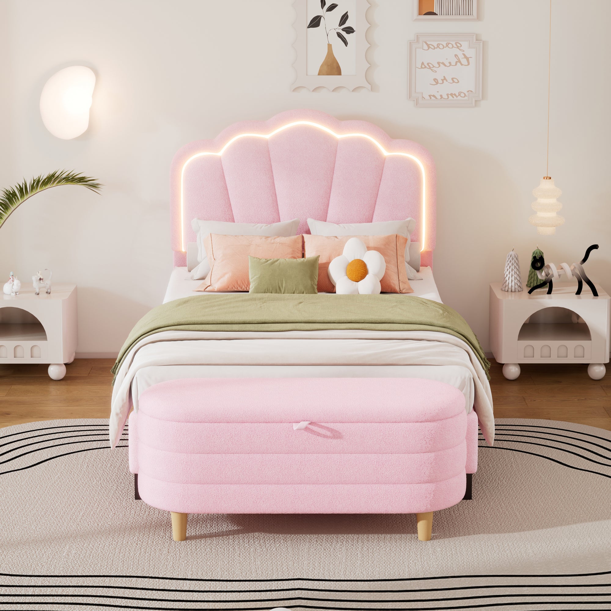 2-Pieces Bedroom Sets Twin Size Upholstered LED Platform Bed with Storage Ottoman In Pink